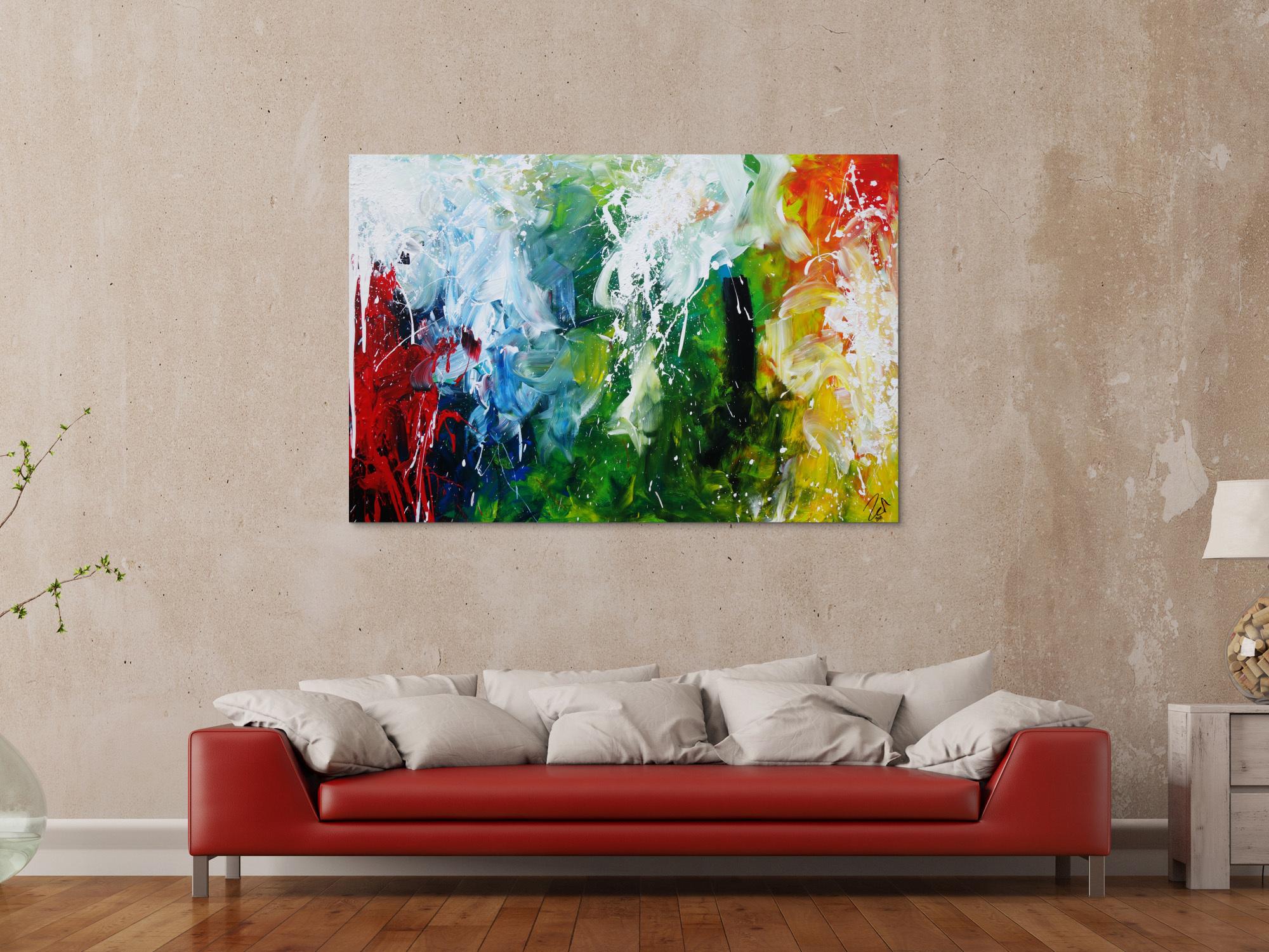 Abstraktes Acrylbild sehr bunt Action Painting sehr modern bunte Farben rot weiß grün blau gelb schwarz