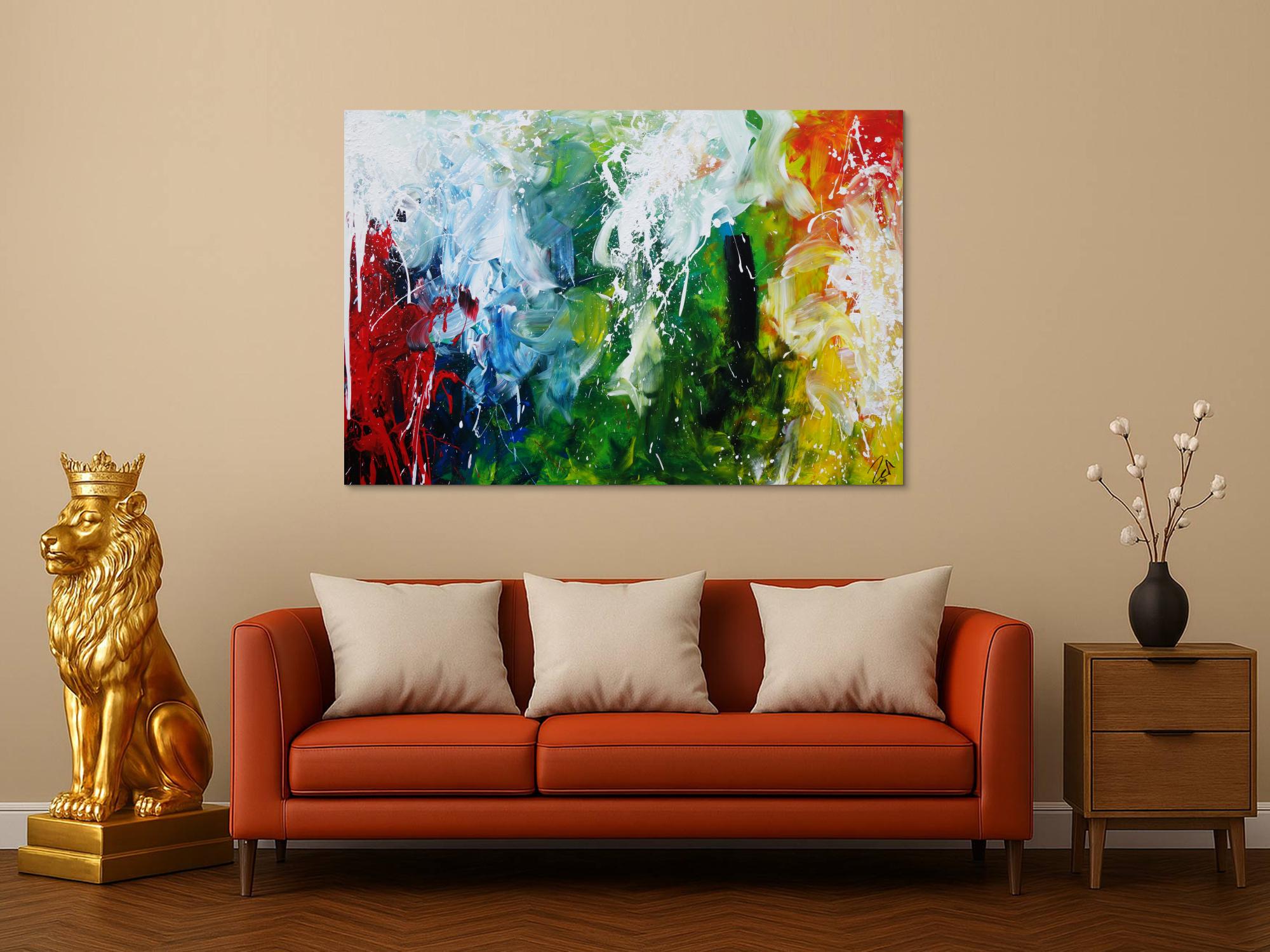 Abstraktes Acrylbild sehr bunt Action Painting sehr modern bunte Farben rot weiß grün blau gelb schwarz