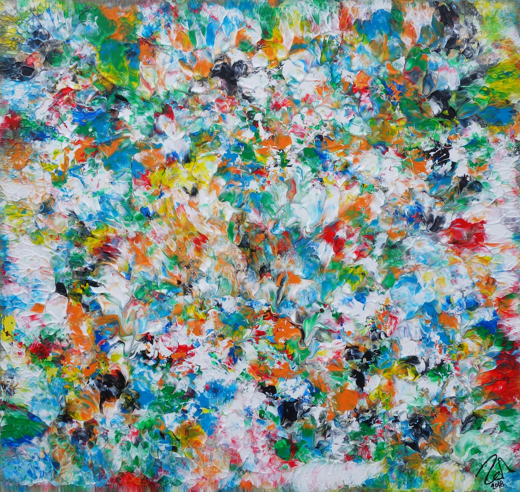 Abstraktes Acrylbild sehr bunt modern Mischtechnik viele bunte helle Farben