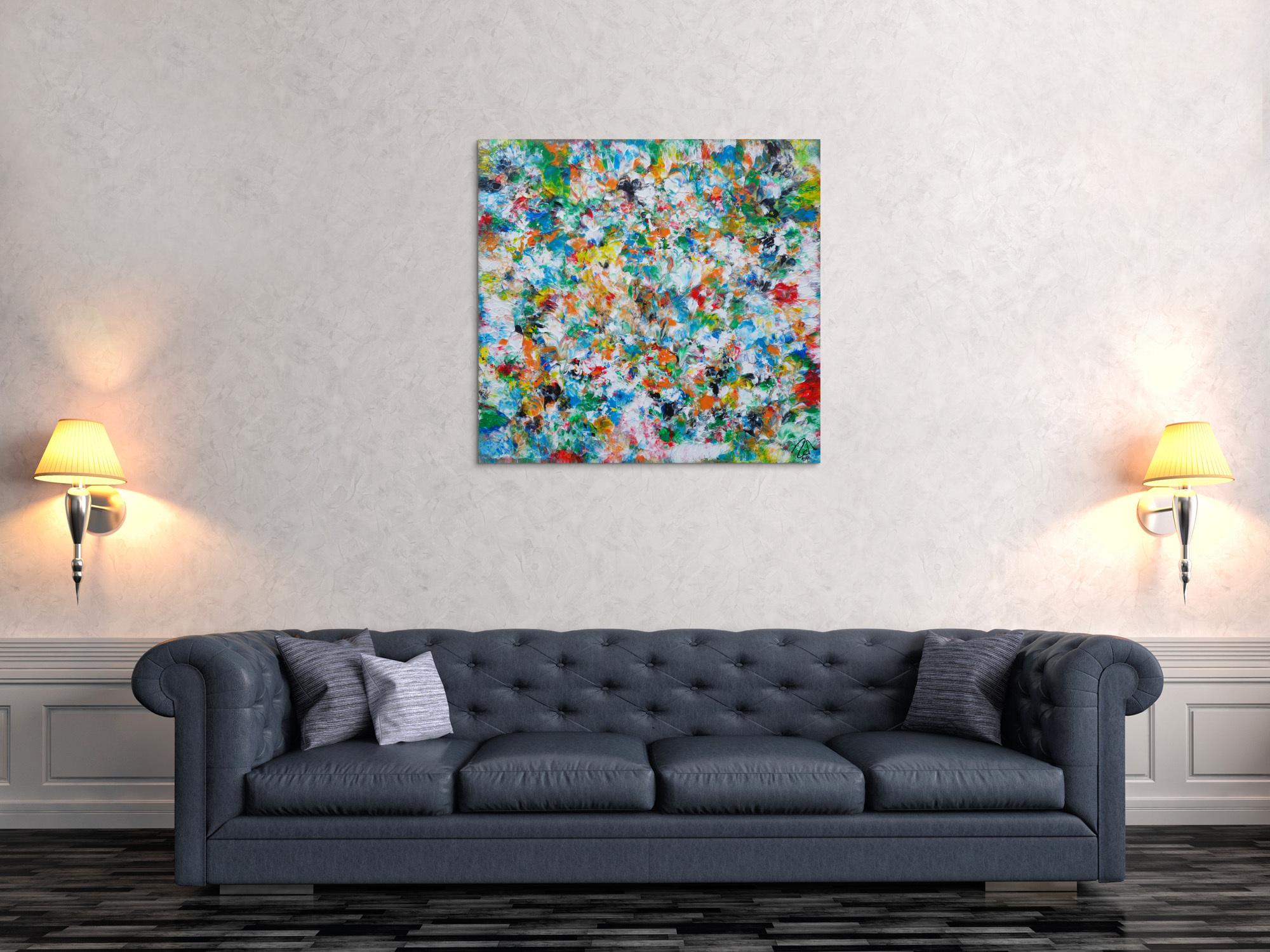 Abstraktes Acrylbild sehr bunt modern Mischtechnik viele bunte helle Farben