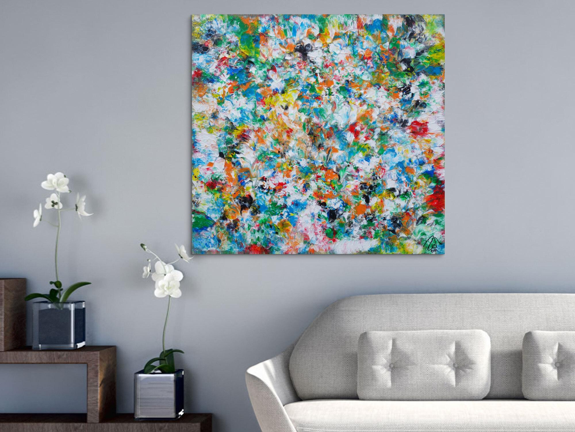 Abstraktes Acrylbild sehr bunt modern Mischtechnik viele bunte helle Farben