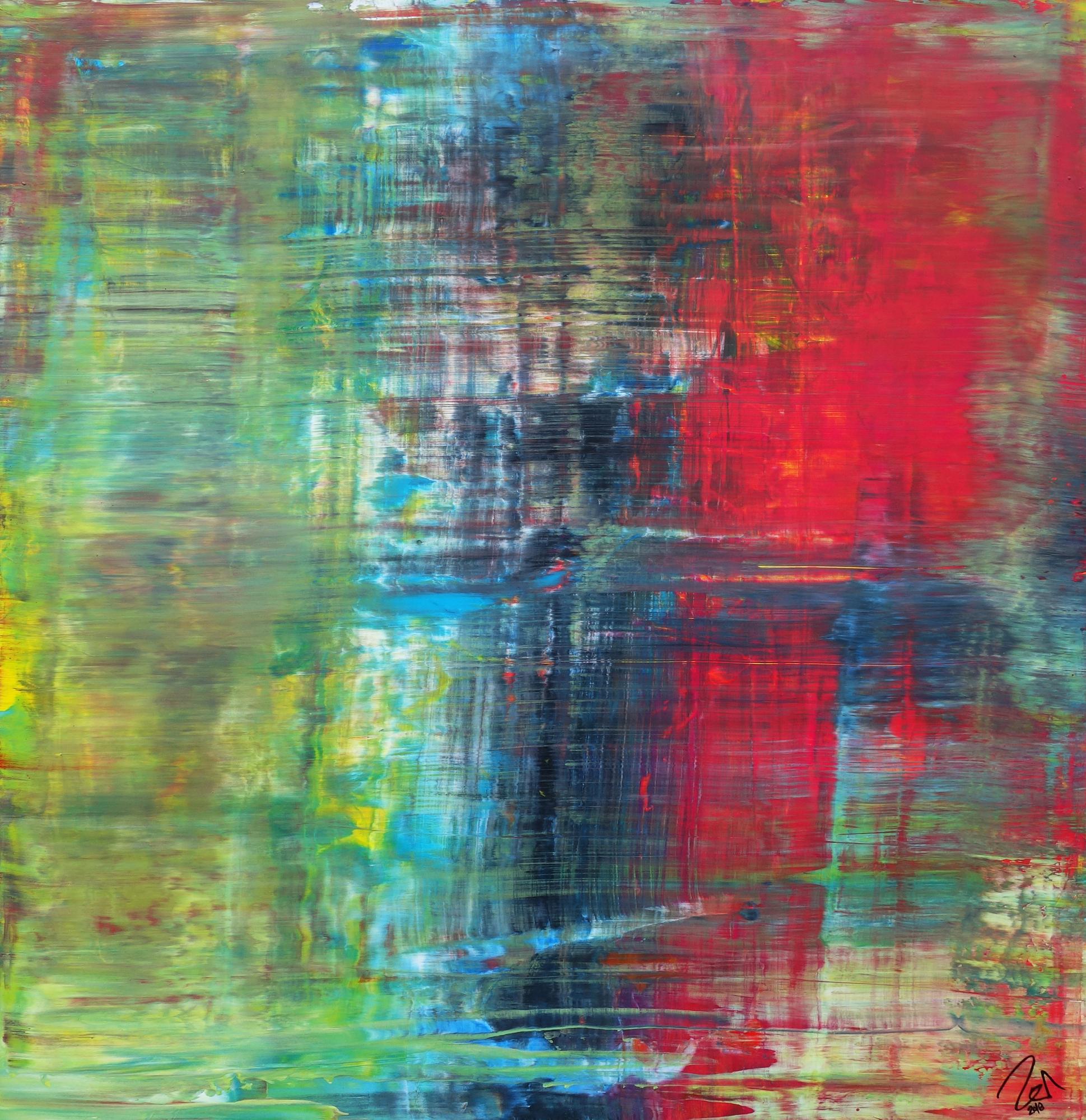 Abstraktes Acrylbild im Hochformat Spachteltechnik sehr modern rot schwarz gelb olive zeitgenössische Malerei handgemalt