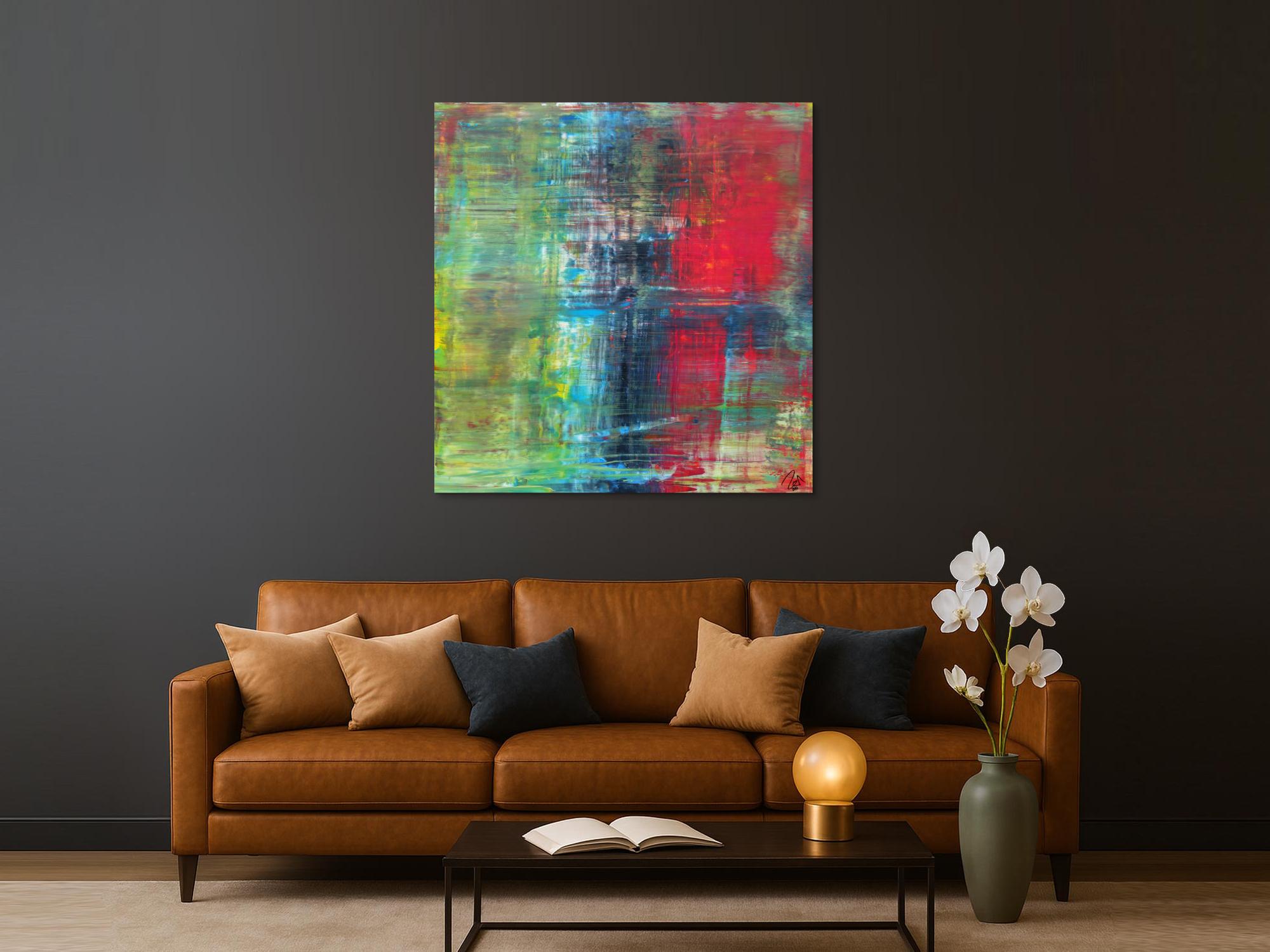 Abstraktes Acrylbild im Hochformat Spachteltechnik sehr modern rot schwarz gelb olive zeitgenössische Malerei handgemalt