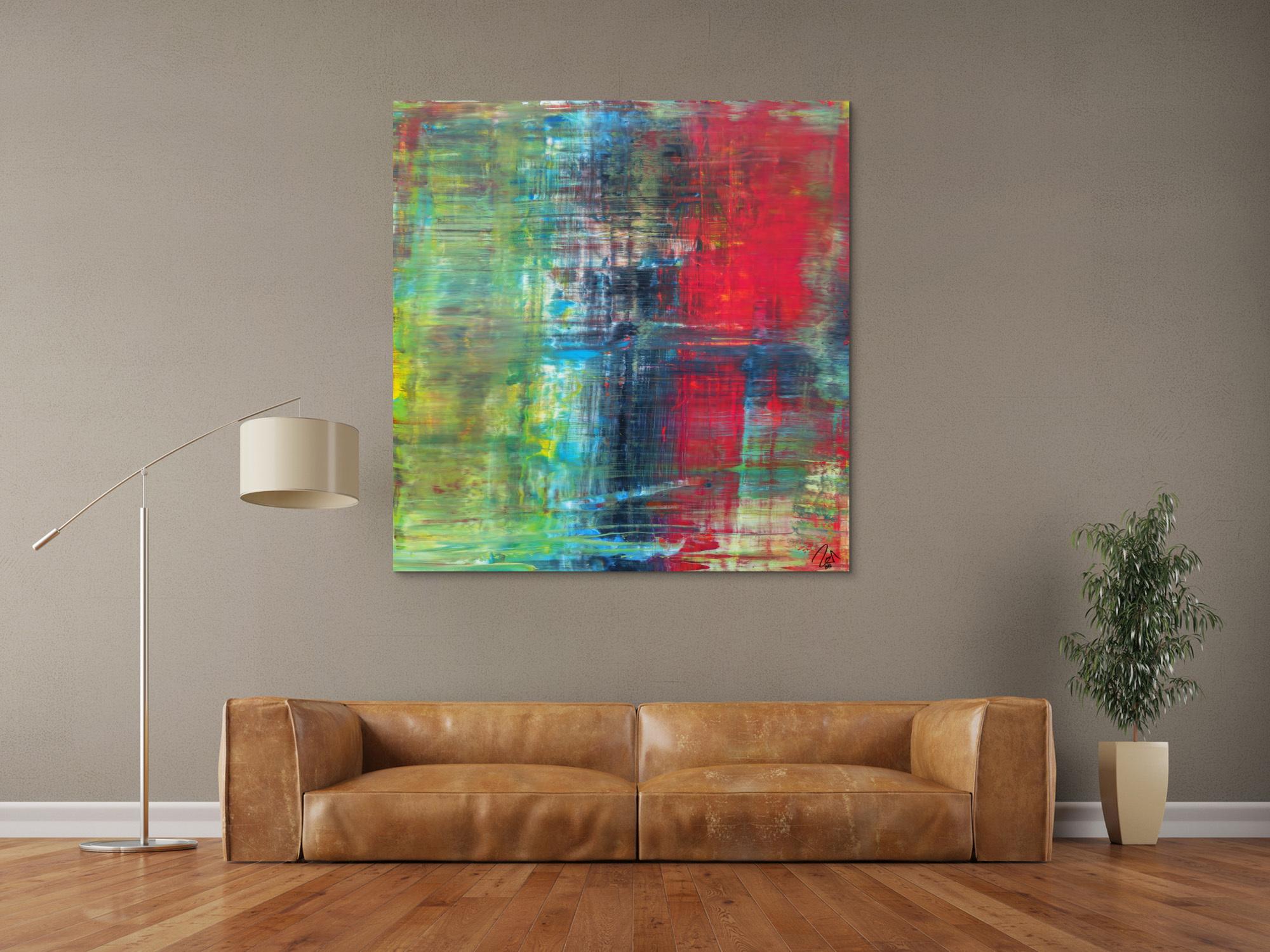 Abstraktes Acrylbild im Hochformat Spachteltechnik sehr modern rot schwarz gelb olive zeitgenössische Malerei handgemalt