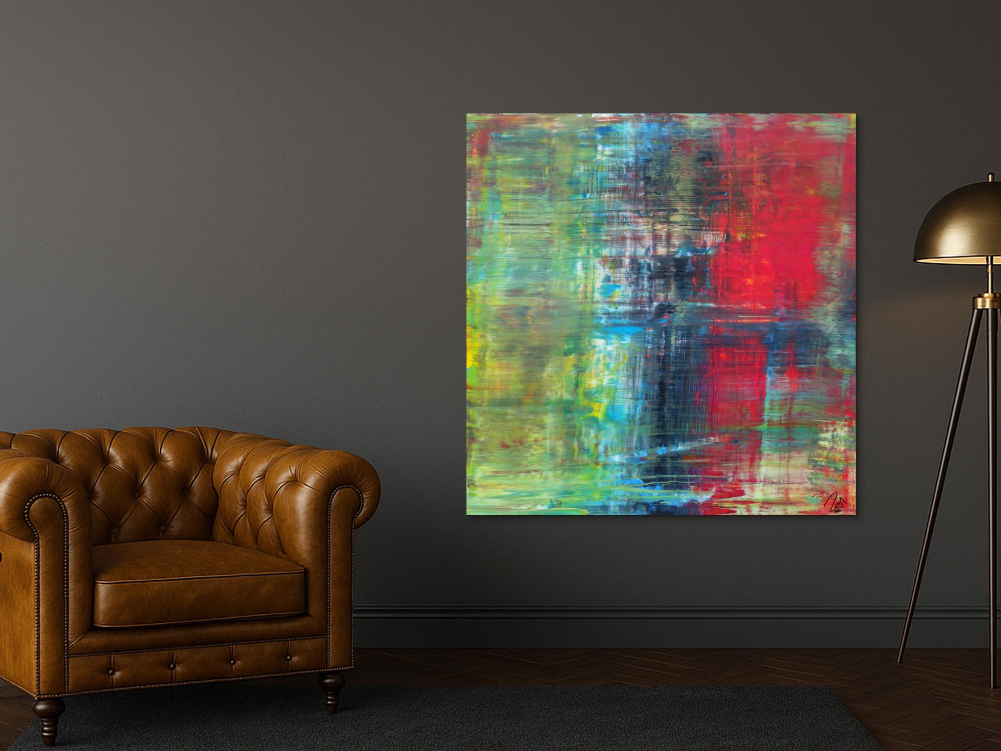 Abstraktes Acrylbild im Hochformat Spachteltechnik sehr modern rot schwarz gelb olive zeitgenössische Malerei handgemalt