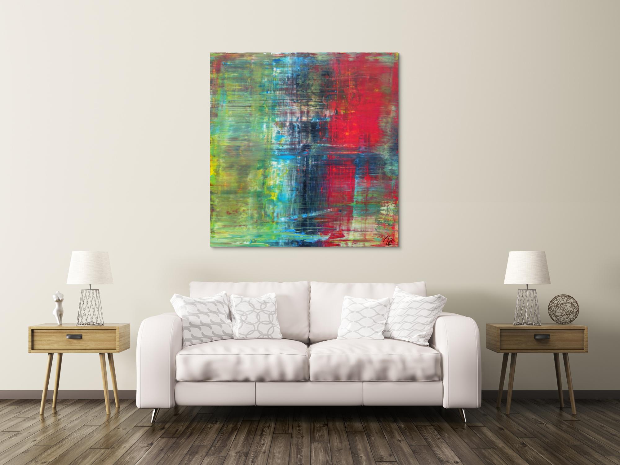 Abstraktes Acrylbild im Hochformat Spachteltechnik sehr modern rot schwarz gelb olive zeitgenössische Malerei handgemalt