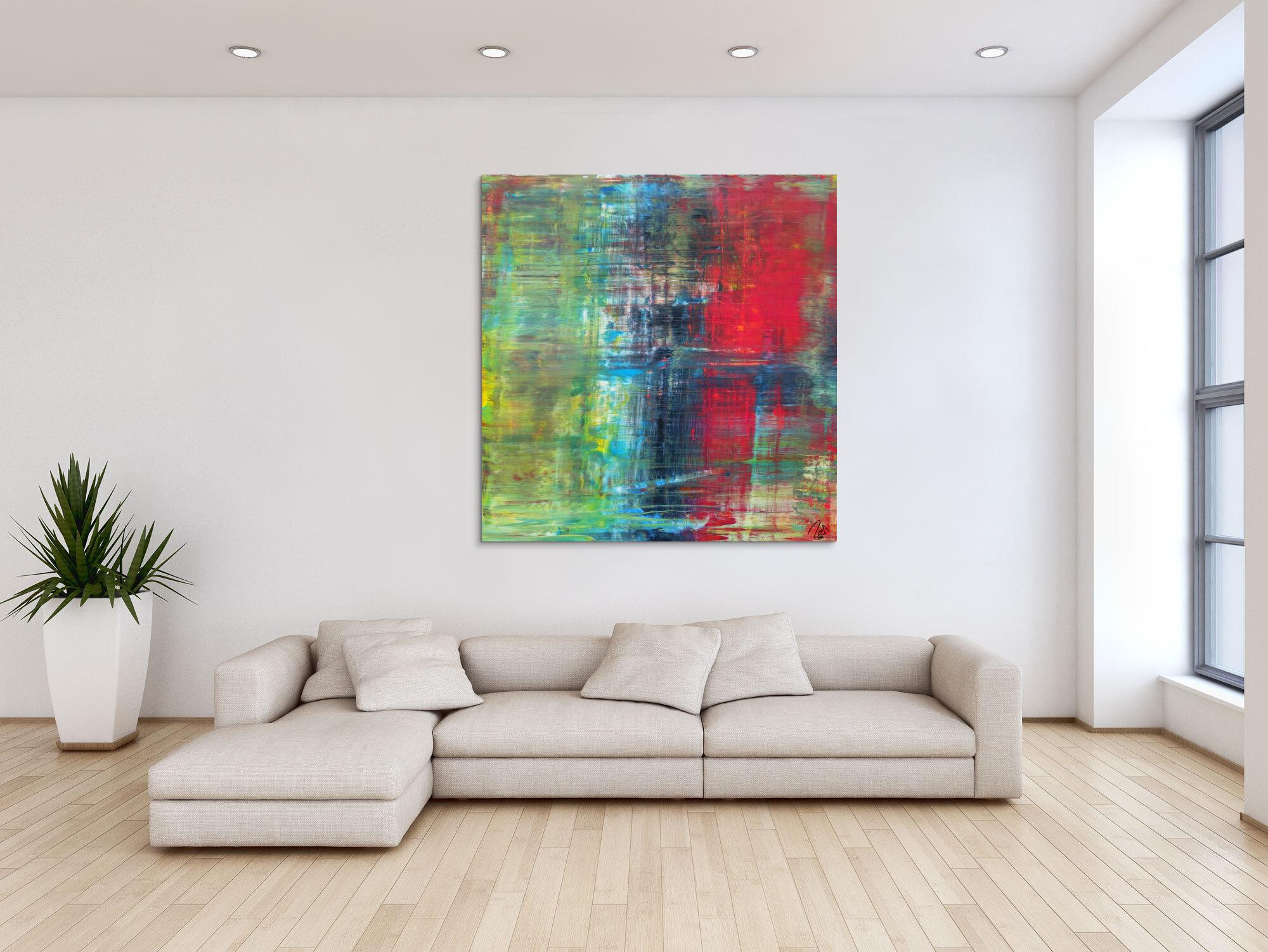 Abstraktes Acrylbild im Hochformat Spachteltechnik sehr modern rot schwarz gelb olive zeitgenössische Malerei handgemalt