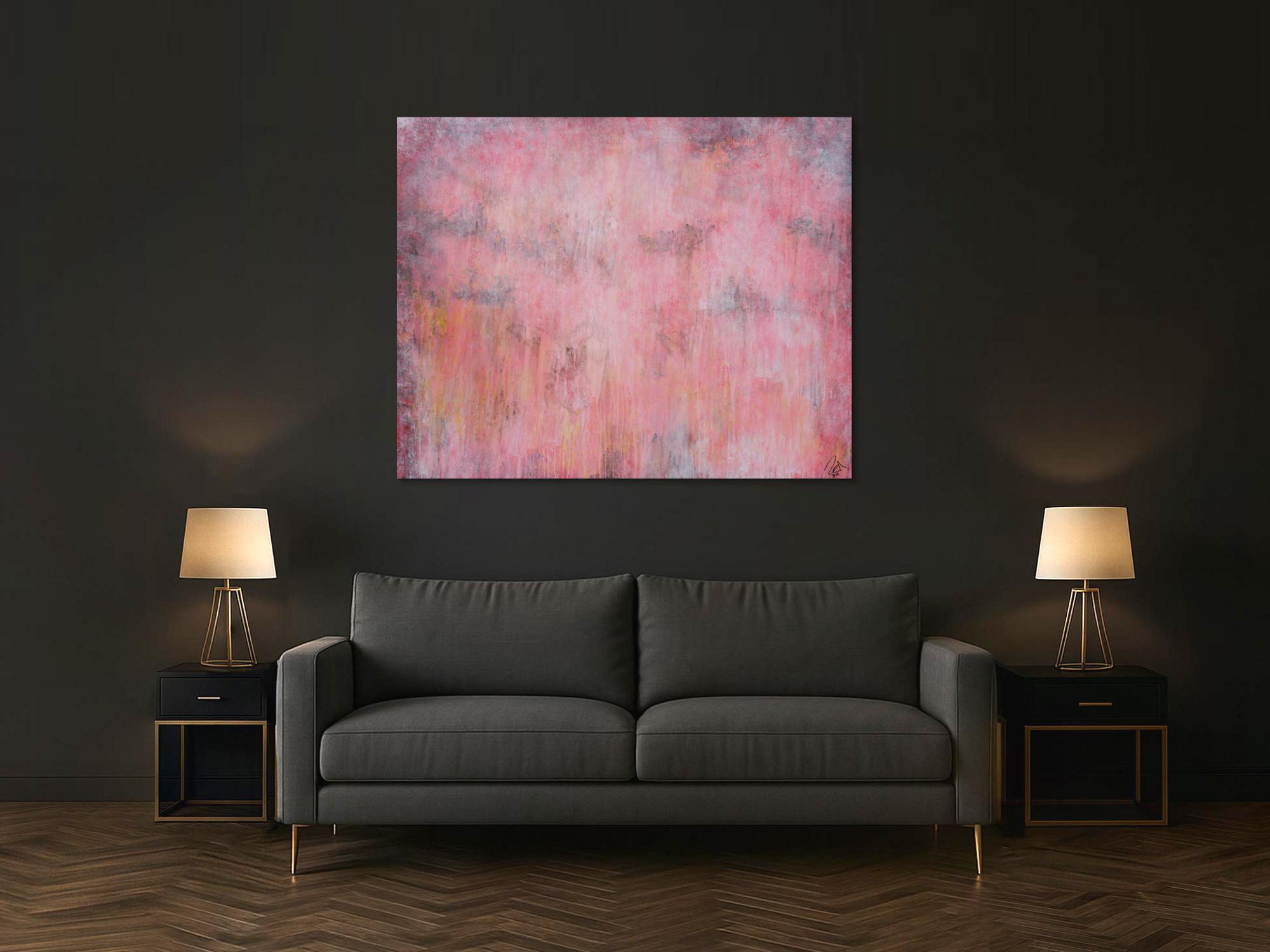 Abstraktes Acrylbild helle Farben blass rosa altrosa gelb anthrazit sehr modern schlicht zeitgenössisch handgemalt