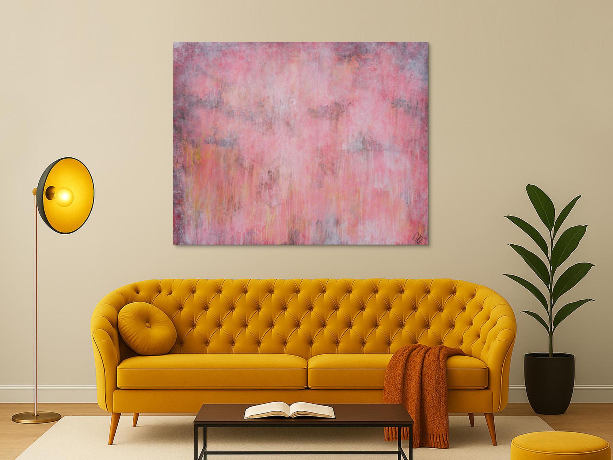 Abstraktes Acrylbild helle Farben blass rosa altrosa gelb anthrazit sehr modern schlicht zeitgenössisch handgemalt