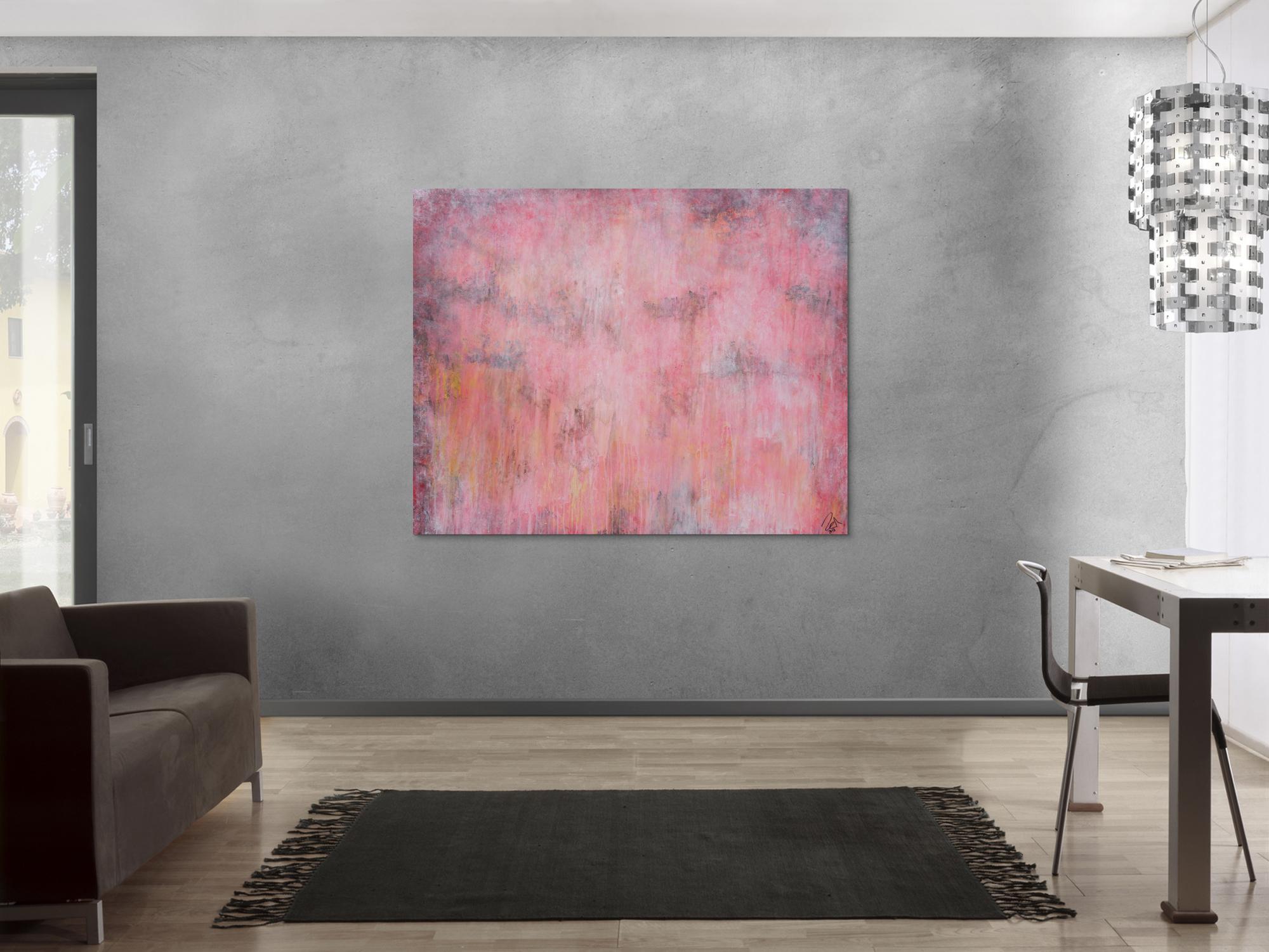 Abstraktes Acrylbild helle Farben blass rosa altrosa gelb anthrazit sehr modern schlicht zeitgenössisch handgemalt