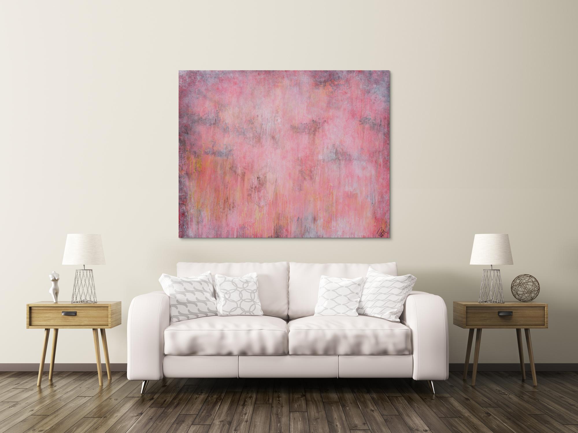 Abstraktes Acrylbild helle Farben blass rosa altrosa gelb anthrazit sehr modern schlicht zeitgenössisch handgemalt