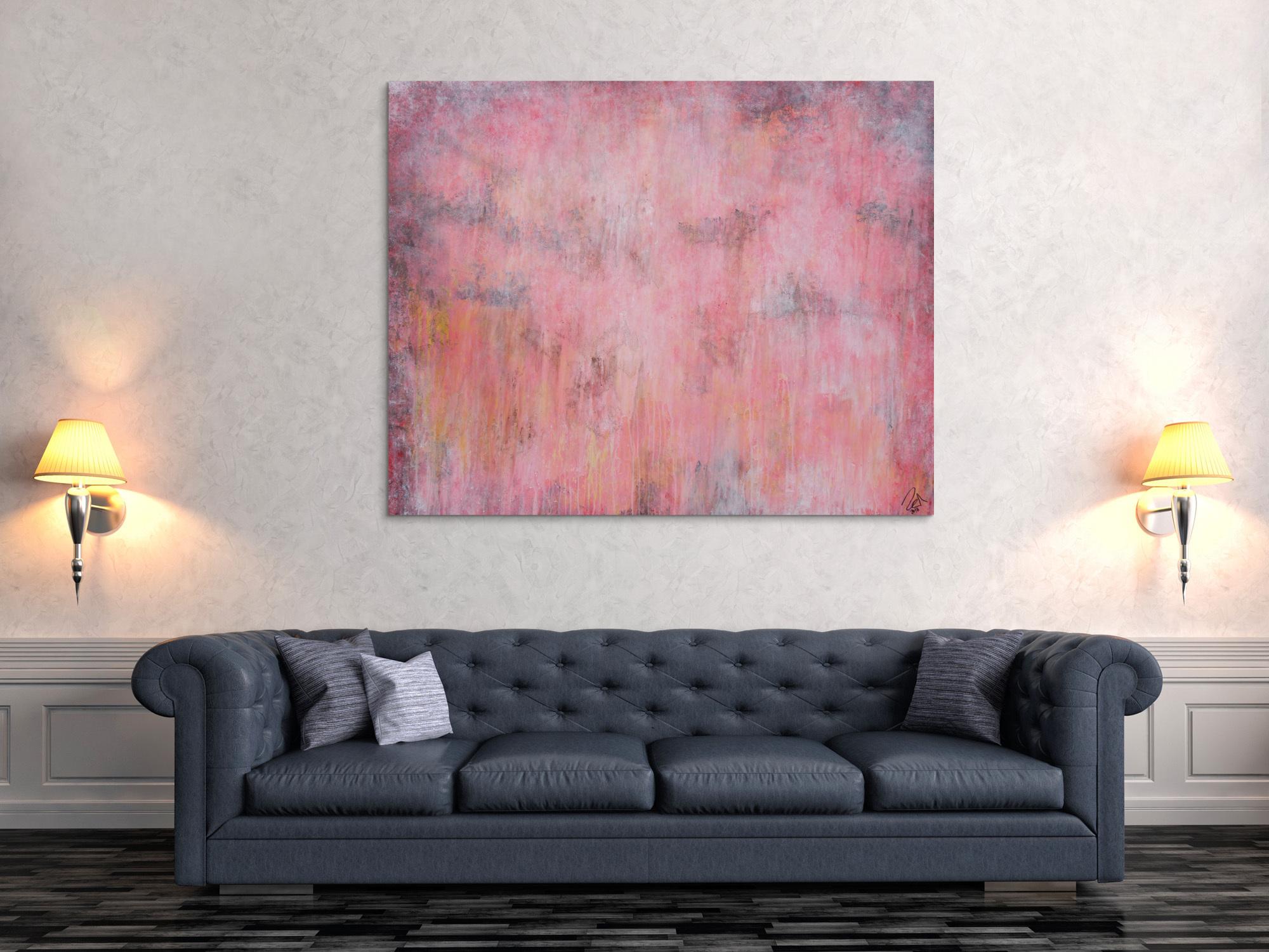 Abstraktes Acrylbild helle Farben blass rosa altrosa gelb anthrazit sehr modern schlicht zeitgenössisch handgemalt