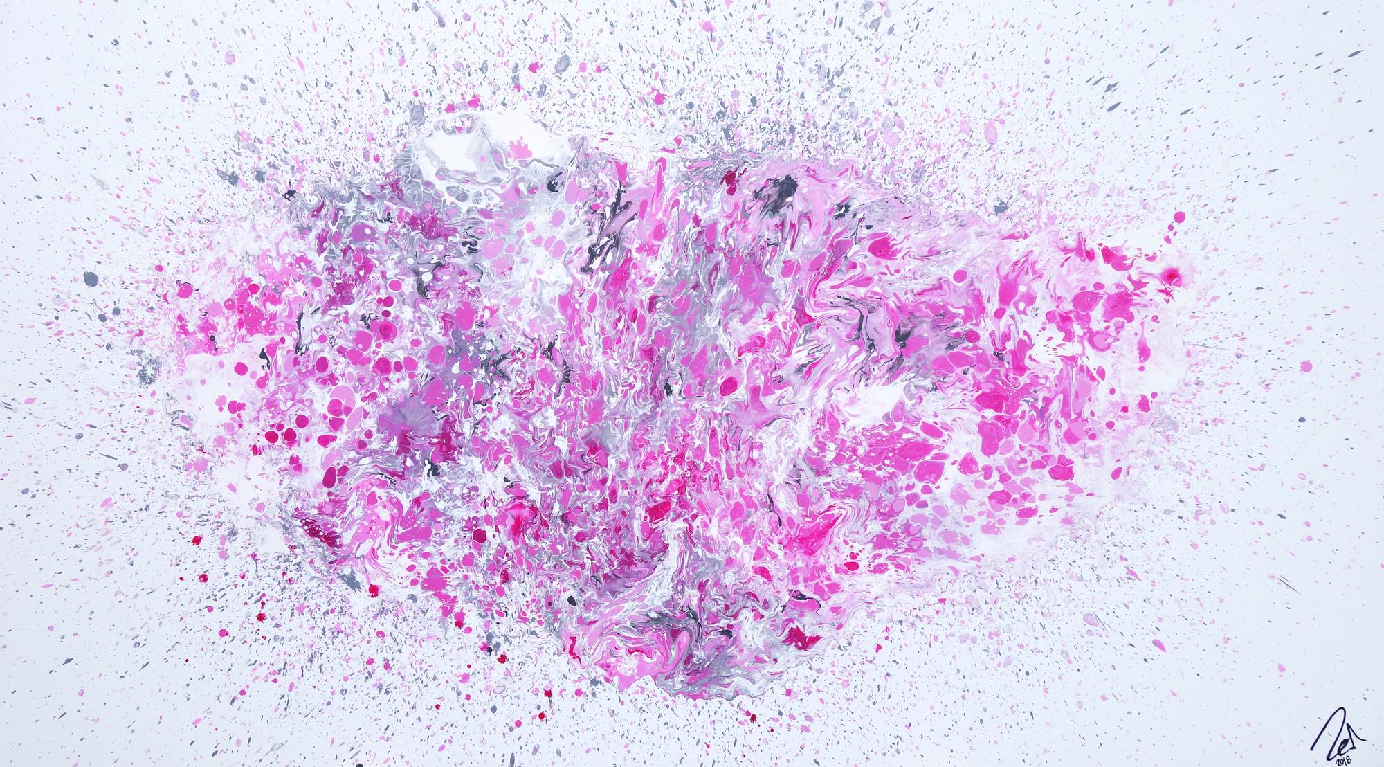 Abstraktes Acrylbild Fluid Painting Fließtechnik weiß grau rosa modern zeitgenössisch