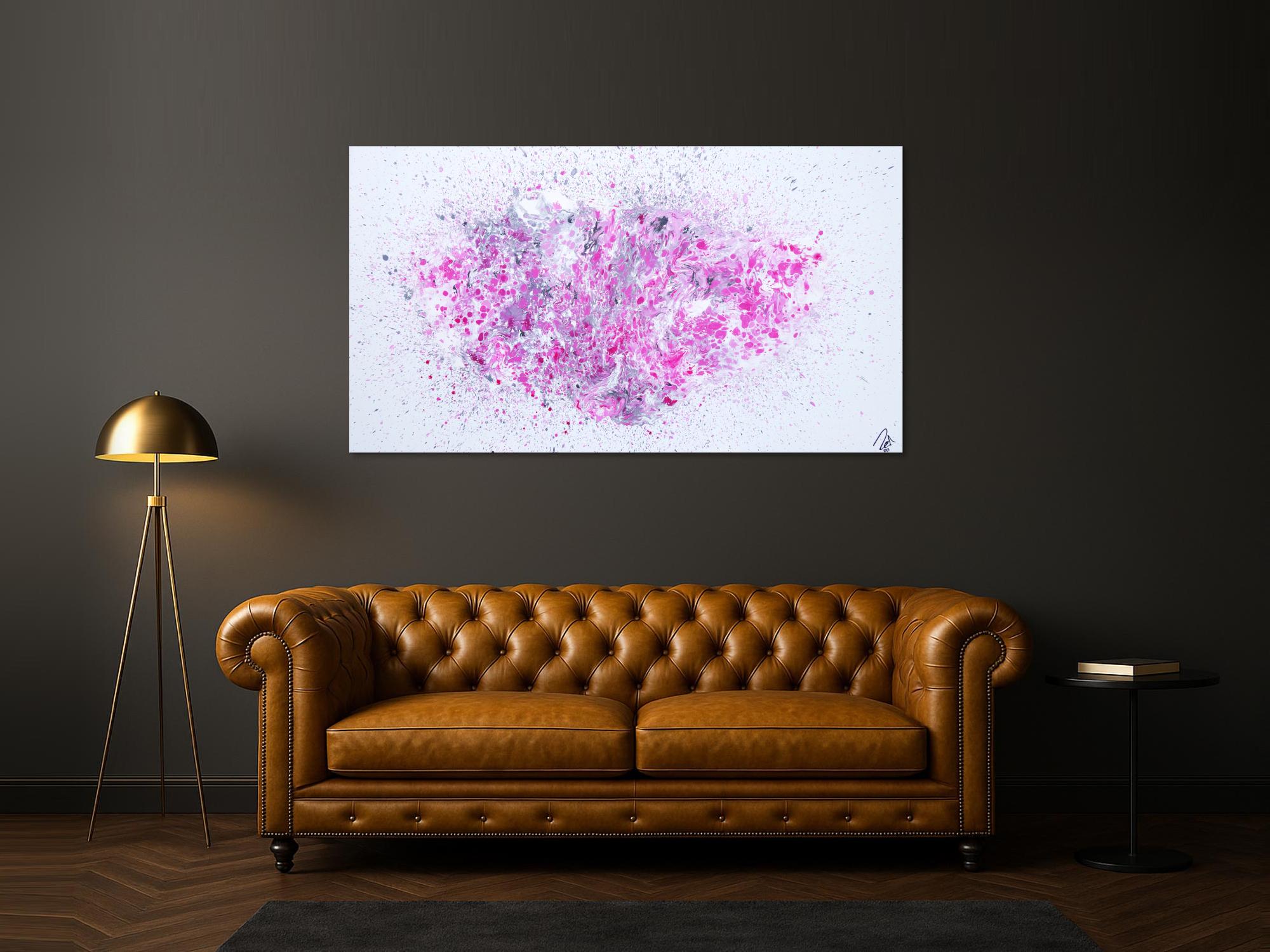 Abstraktes Acrylbild Fluid Painting Fließtechnik weiß grau rosa modern zeitgenössisch