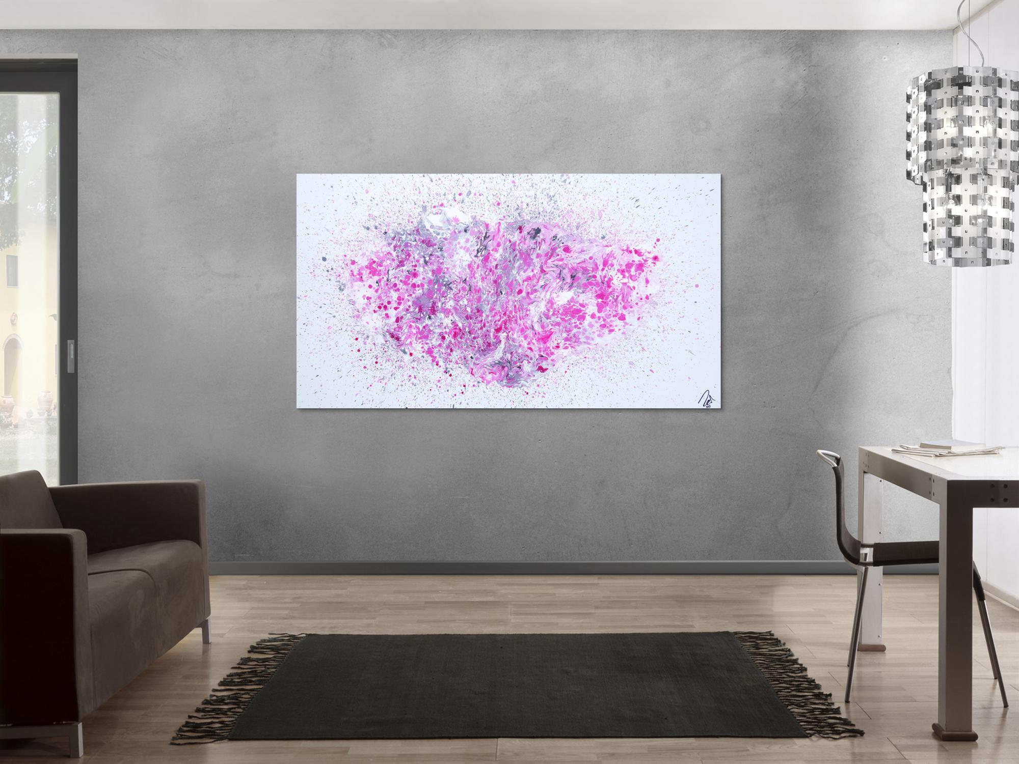 Abstraktes Acrylbild Fluid Painting Fließtechnik weiß grau rosa modern zeitgenössisch