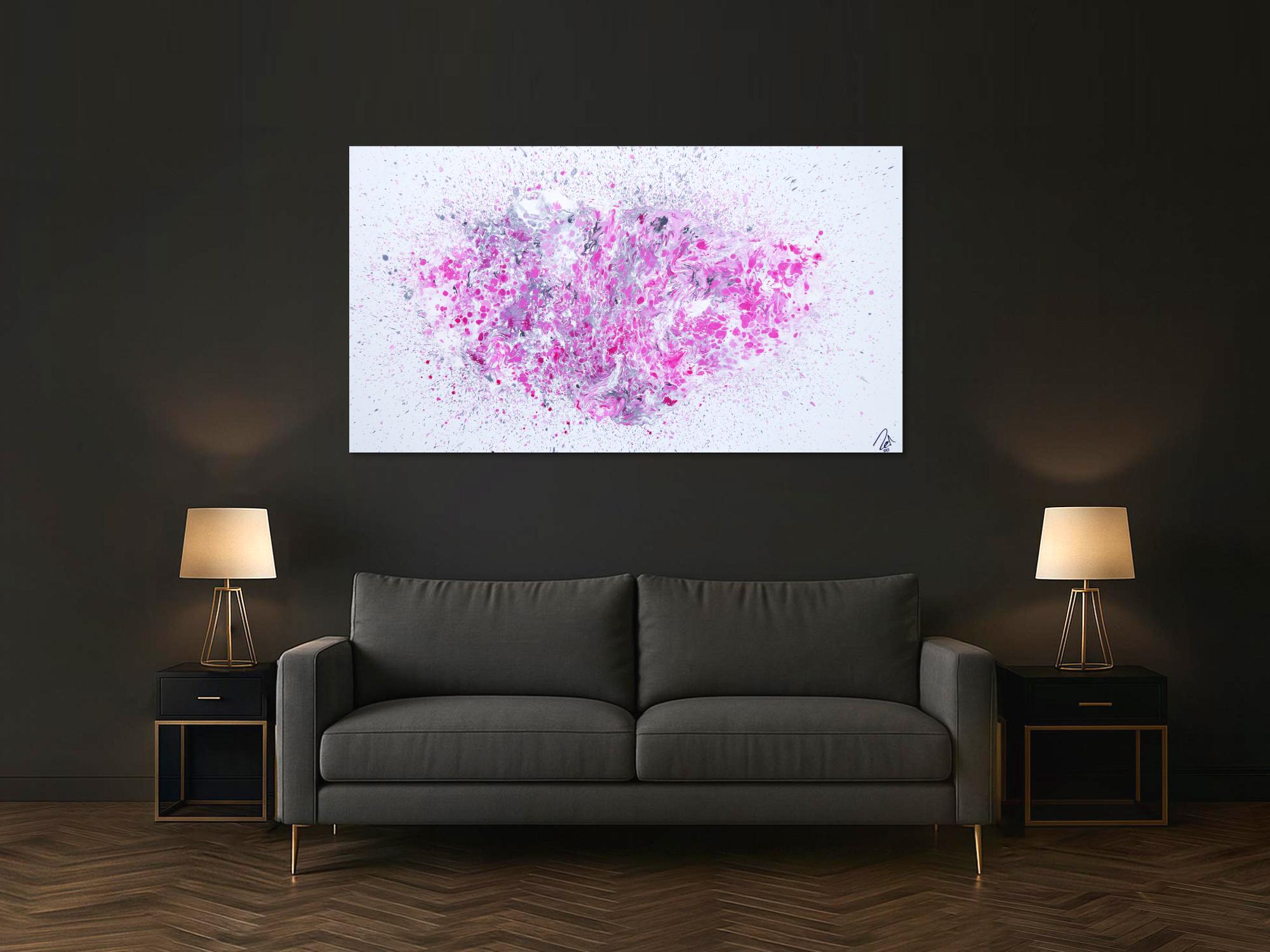 Abstraktes Acrylbild Fluid Painting Fließtechnik weiß grau rosa modern zeitgenössisch