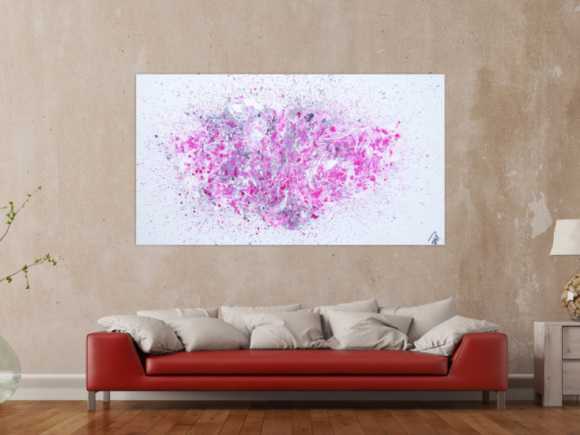 Abstraktes Acrylbild Fluid Painting Fließtechnik weiß grau rosa modern zeitgenössisch