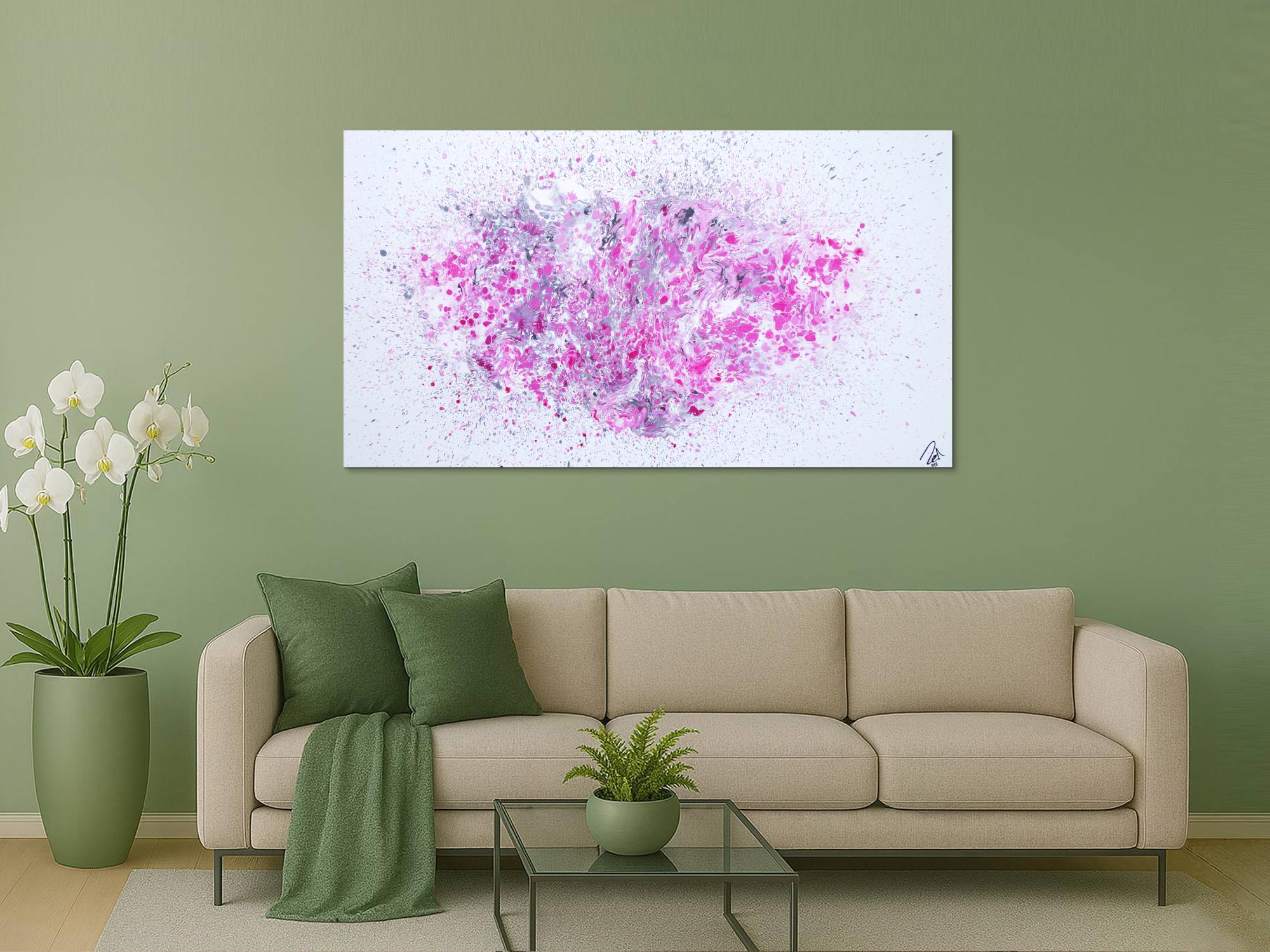 Abstraktes Acrylbild Fluid Painting Fließtechnik weiß grau rosa modern zeitgenössisch
