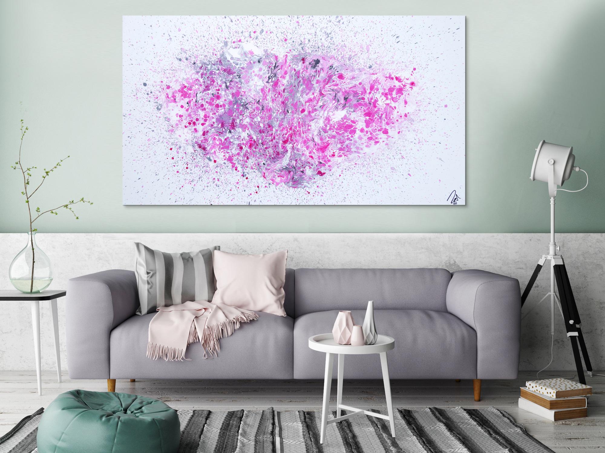 Abstraktes Acrylbild Fluid Painting Fließtechnik weiß grau rosa modern zeitgenössisch