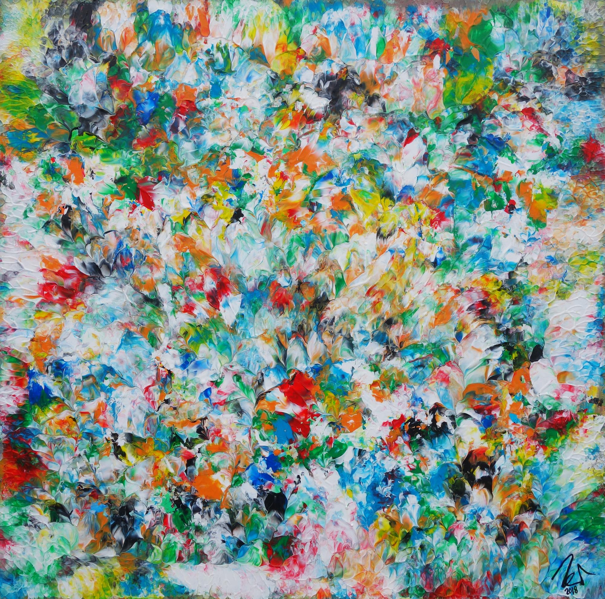 Abstraktes Acrylbild sehr bunt viele Farben zeitgenössisch modern handgemalt