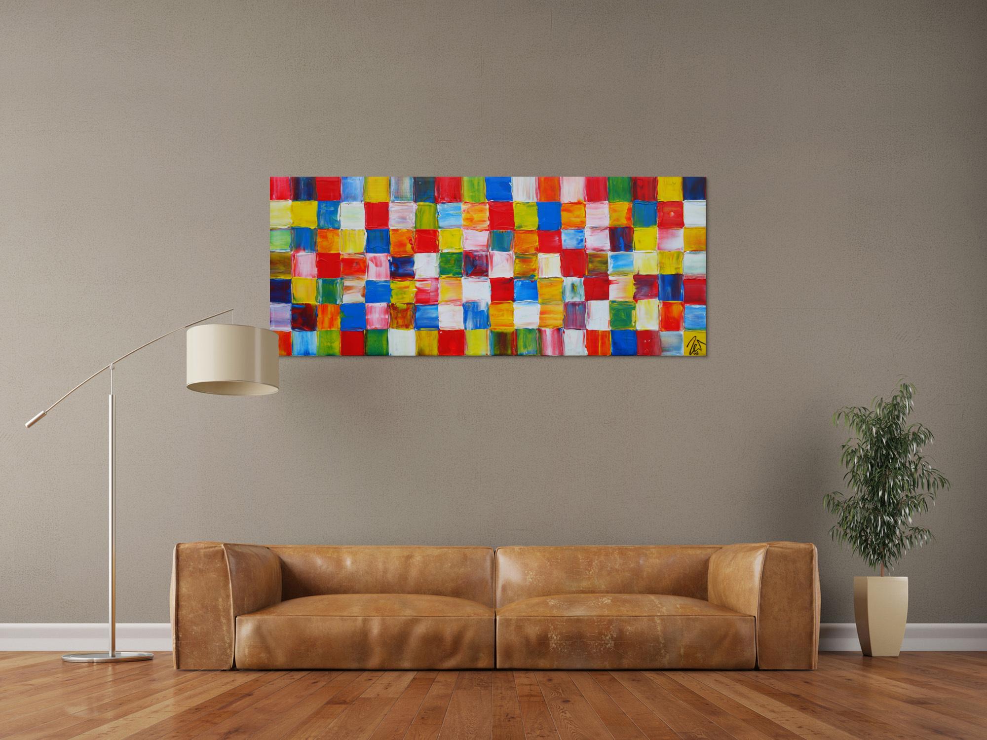 Abstraktes Acrylbild sehr bunt viele bunte Flächen Karomuster zeitgenössisch modern sehr farbig