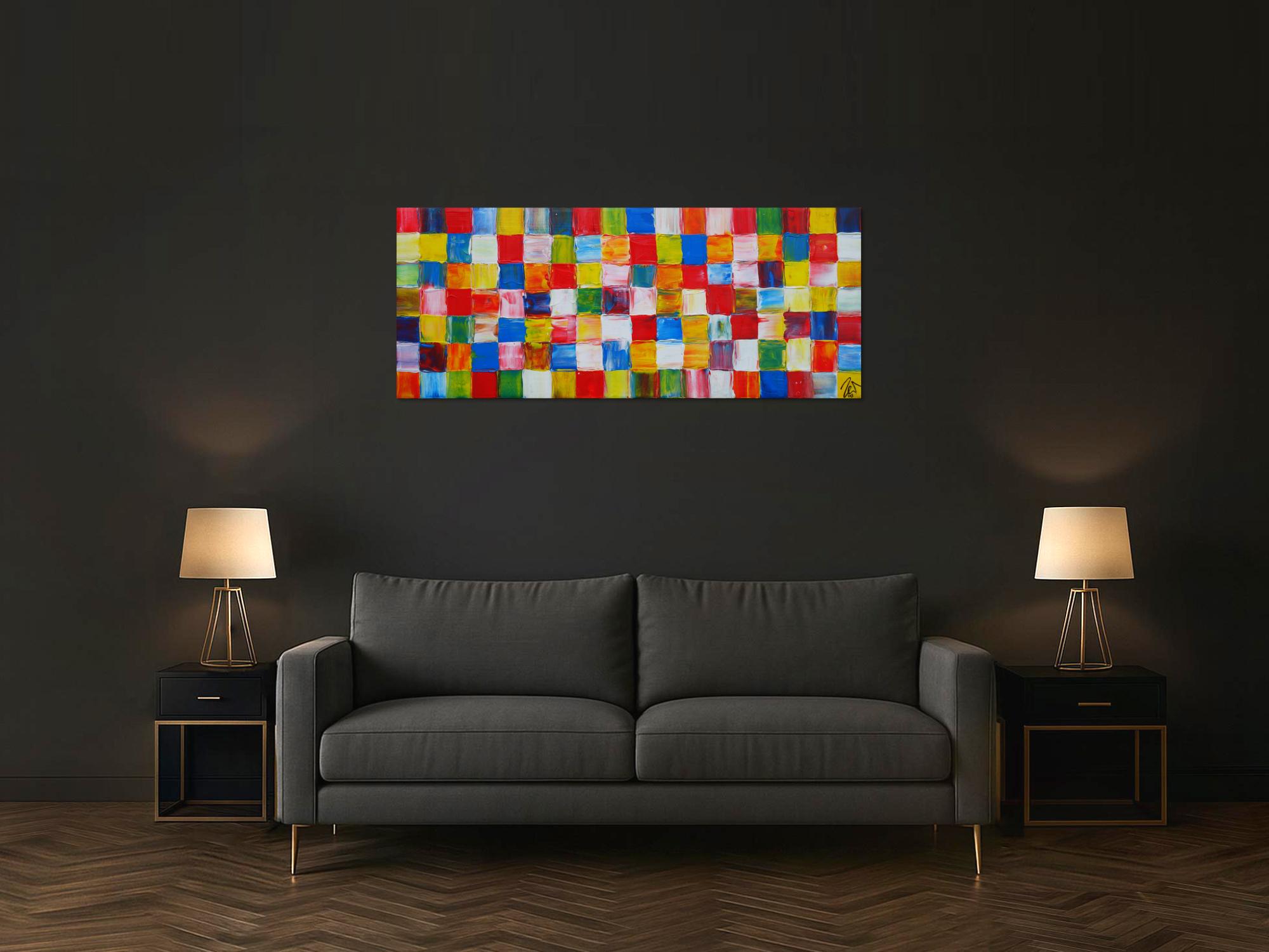 Abstraktes Acrylbild sehr bunt viele bunte Flächen Karomuster zeitgenössisch modern sehr farbig