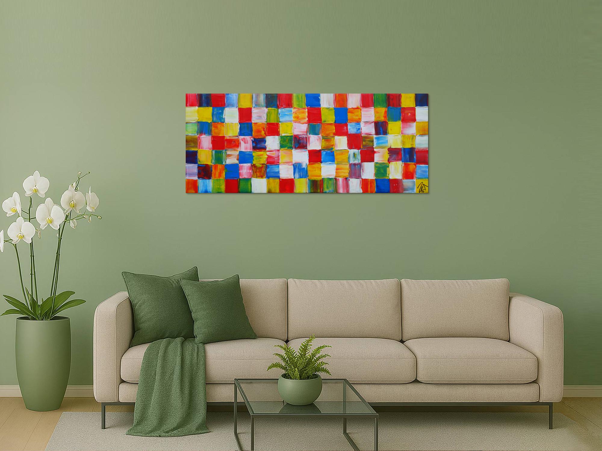 Abstraktes Acrylbild sehr bunt viele bunte Flächen Karomuster zeitgenössisch modern sehr farbig