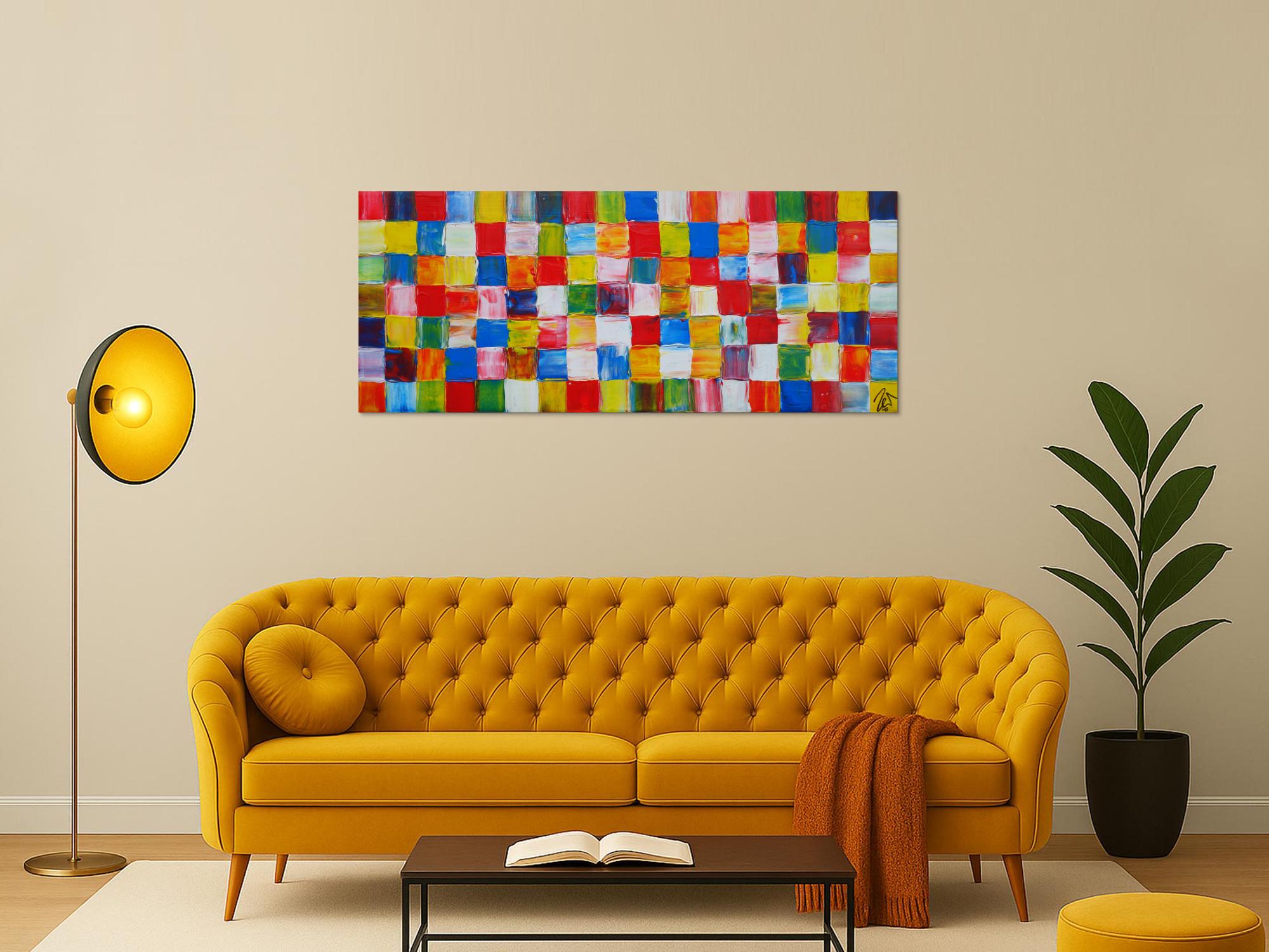 Abstraktes Acrylbild sehr bunt viele bunte Flächen Karomuster zeitgenössisch modern sehr farbig