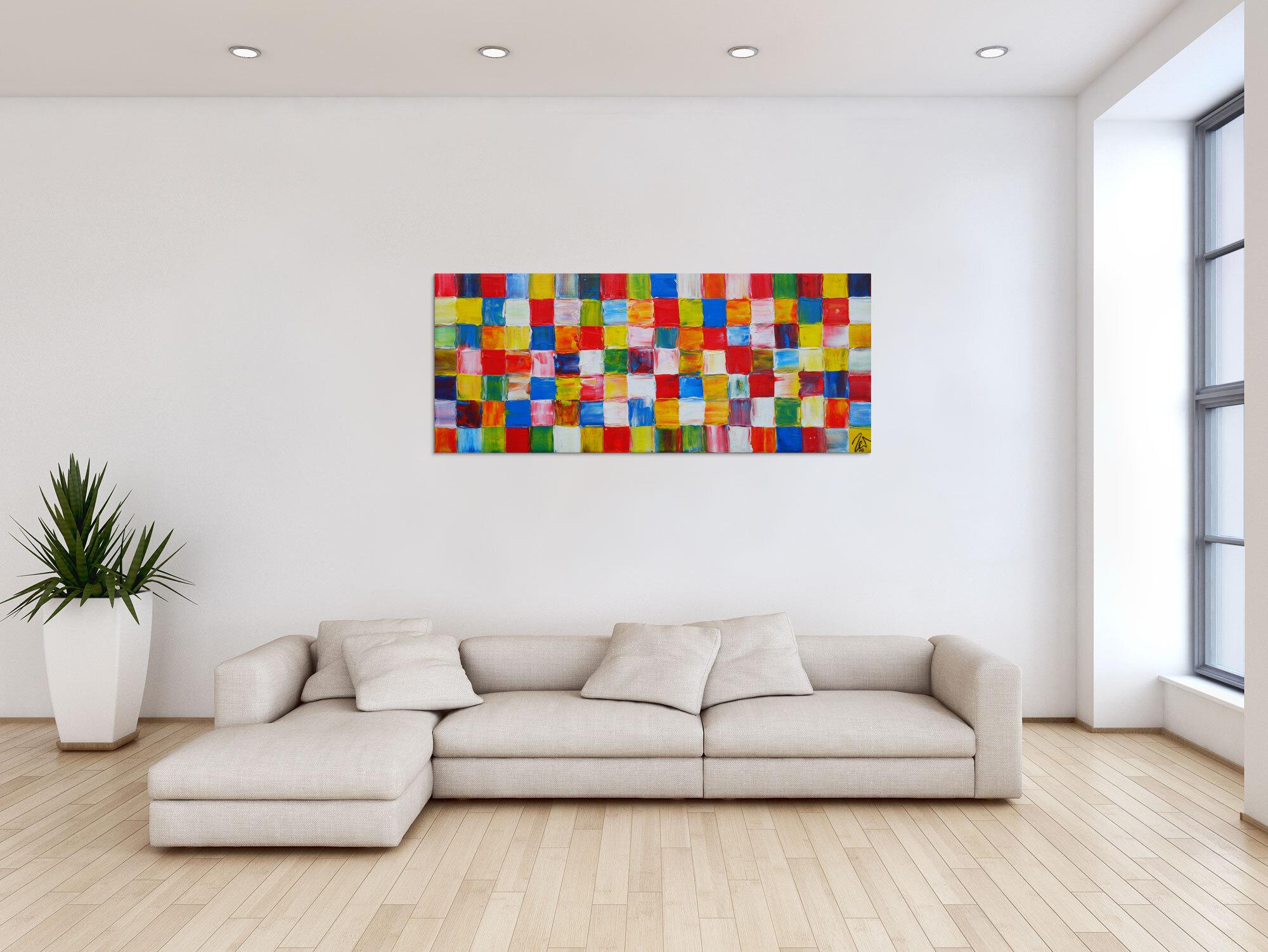 Abstraktes Acrylbild sehr bunt viele bunte Flächen Karomuster zeitgenössisch modern sehr farbig