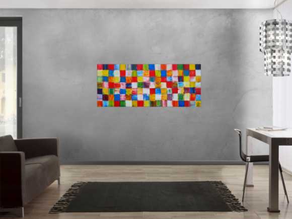 Abstraktes Acrylbild sehr bunt viele bunte Flächen Karomuster zeitgenössisch modern sehr farbig