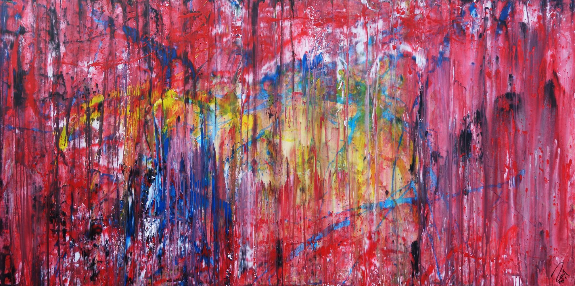 Abstraktes Acrylbild sehr modern Action Painting Mischtechnik fließende Farben viel rot bunt gelb blau