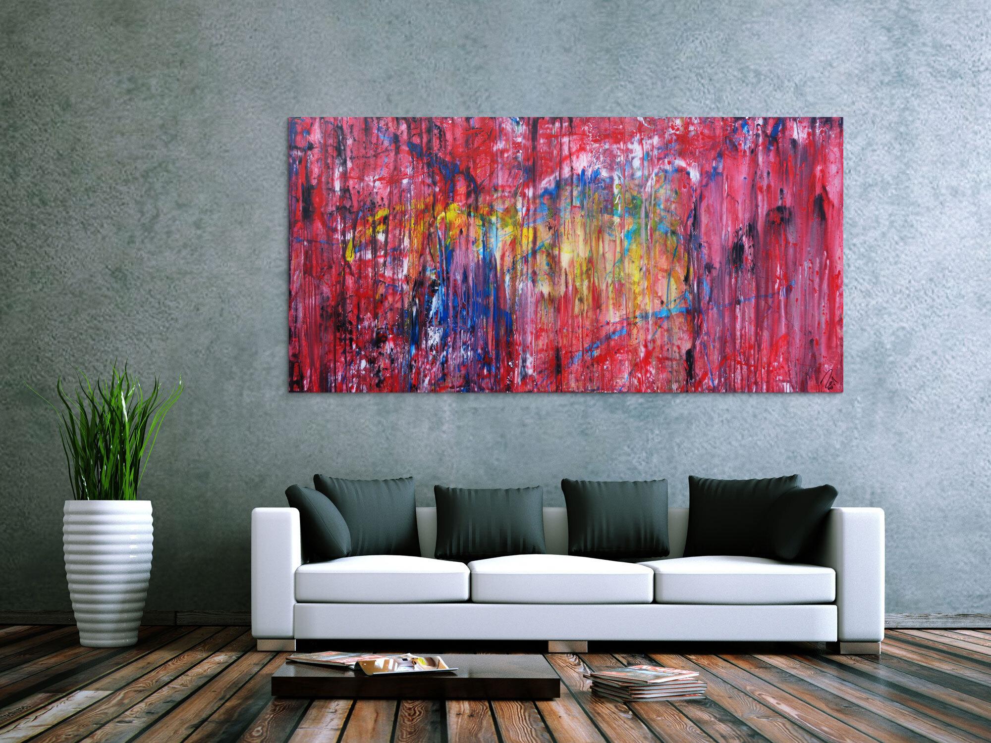 Abstraktes Acrylbild sehr modern Action Painting Mischtechnik fließende Farben viel rot bunt gelb blau