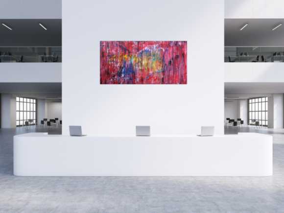 Abstraktes Acrylbild sehr modern Action Painting Mischtechnik fließende Farben viel rot bunt gelb blau