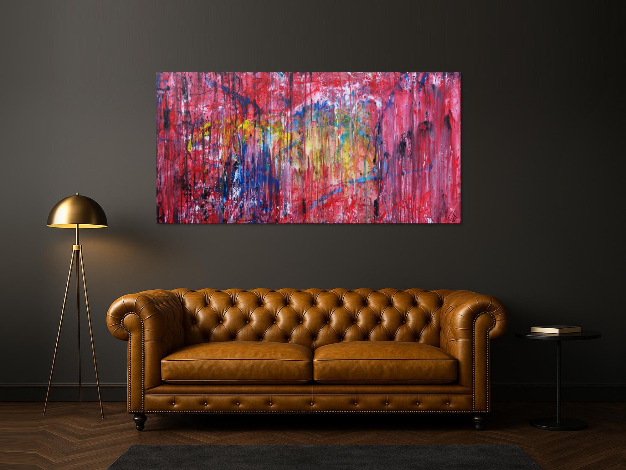 Abstraktes Acrylbild sehr modern Action Painting Mischtechnik fließende Farben viel rot bunt gelb blau