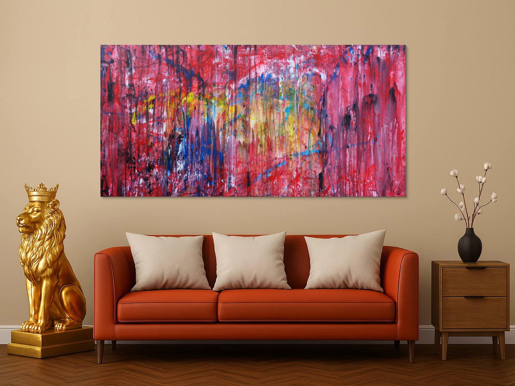 Abstraktes Acrylbild sehr modern Action Painting Mischtechnik fließende Farben viel rot bunt gelb blau