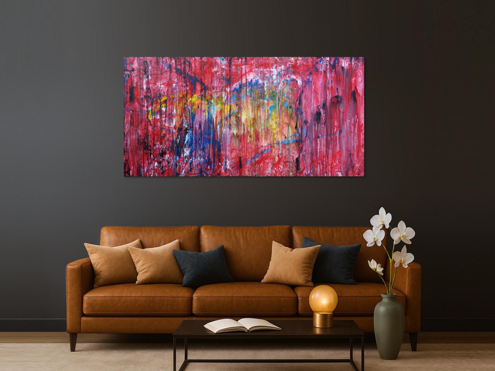 Abstraktes Acrylbild sehr modern Action Painting Mischtechnik fließende Farben viel rot bunt gelb blau