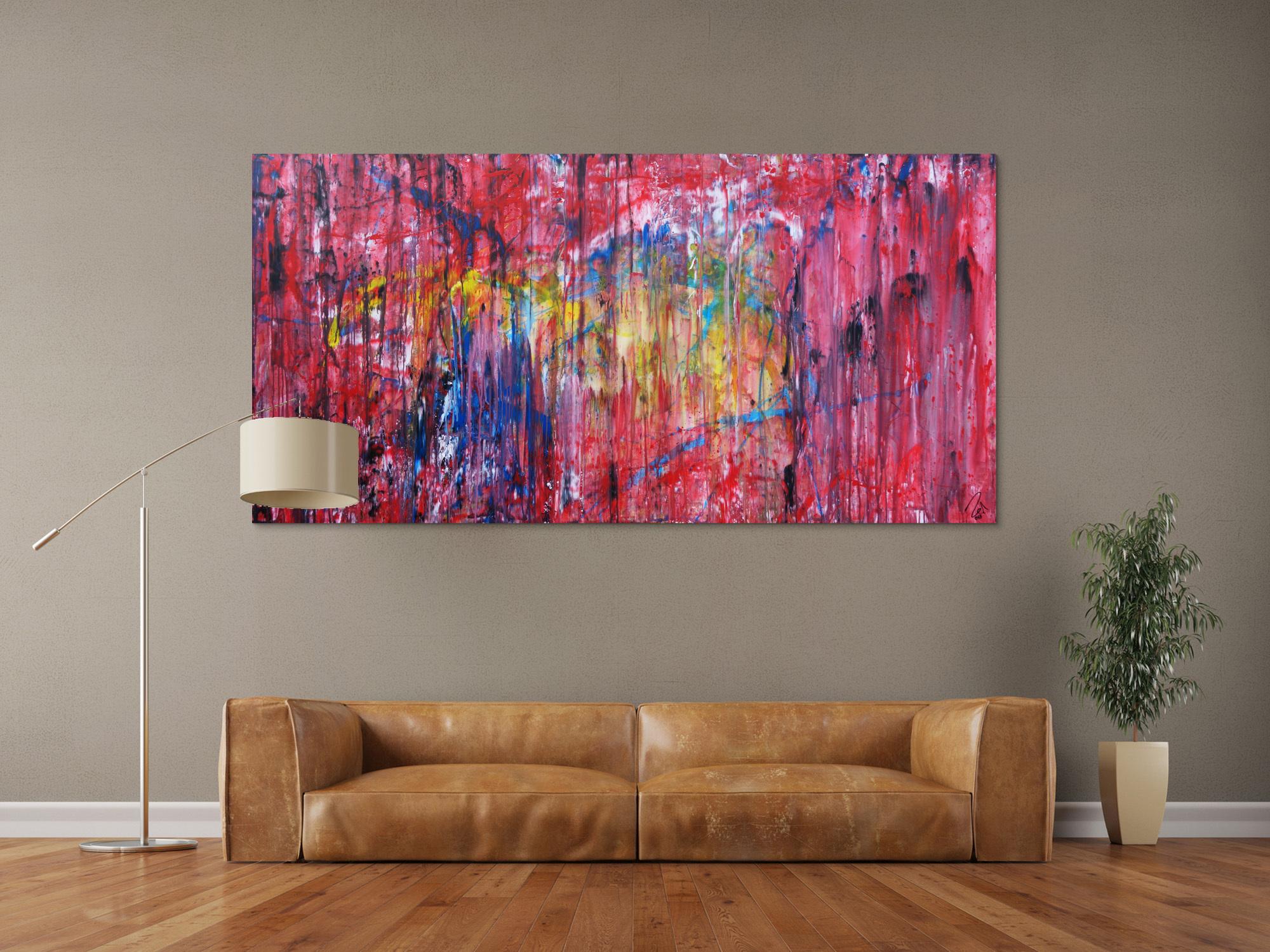 Abstraktes Acrylbild sehr modern Action Painting Mischtechnik fließende Farben viel rot bunt gelb blau