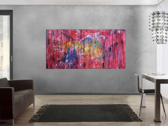Abstraktes Acrylbild sehr modern Action Painting Mischtechnik fließende Farben viel rot bunt gelb blau