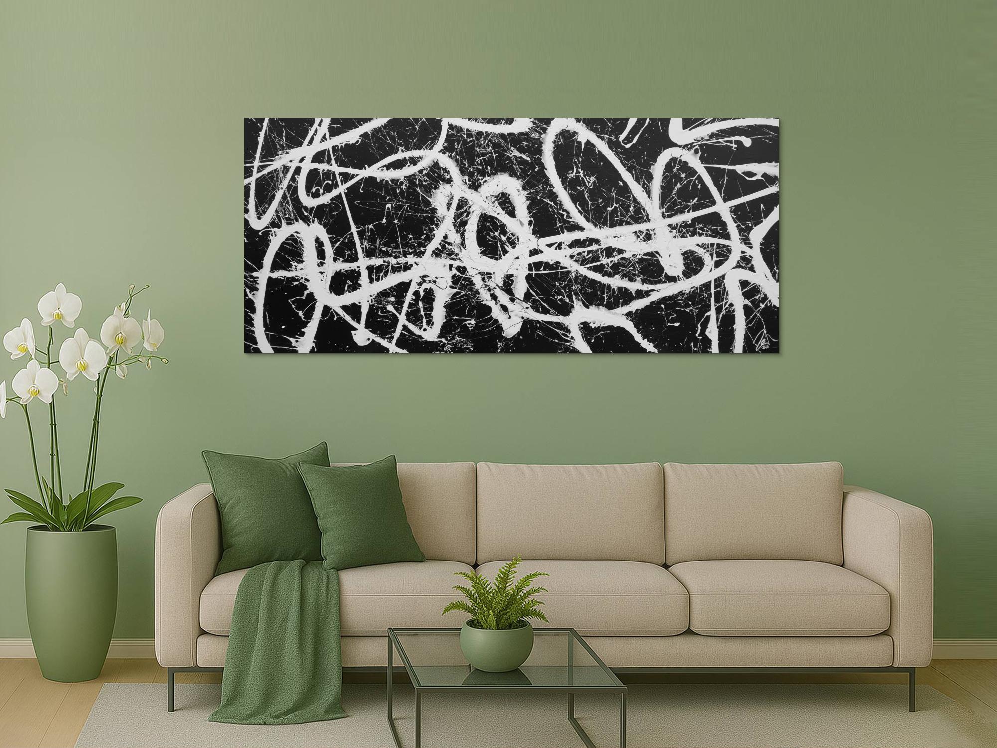 Abstraktes Acrylbild schwarz weiß schlicht modern Action Painting Splash Art Expressionismus