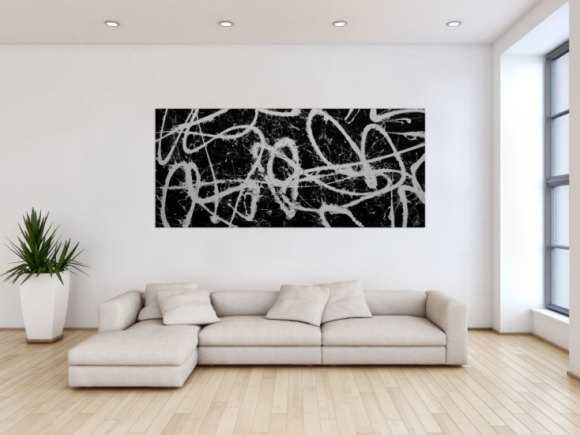 Abstraktes Acrylbild schwarz weiß schlicht modern Action Painting Splash Art Expressionismus