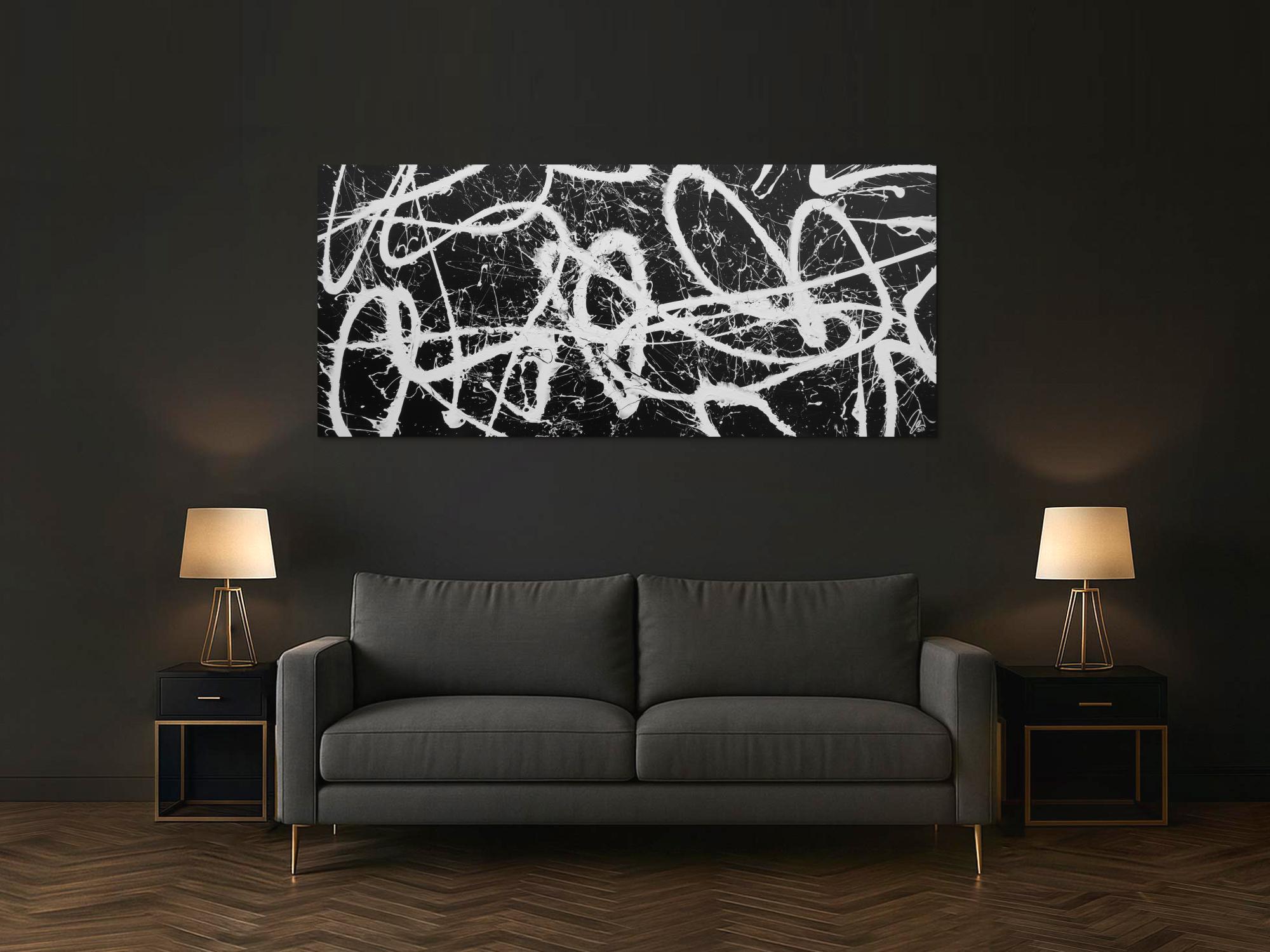 Abstraktes Acrylbild schwarz weiß schlicht modern Action Painting Splash Art Expressionismus
