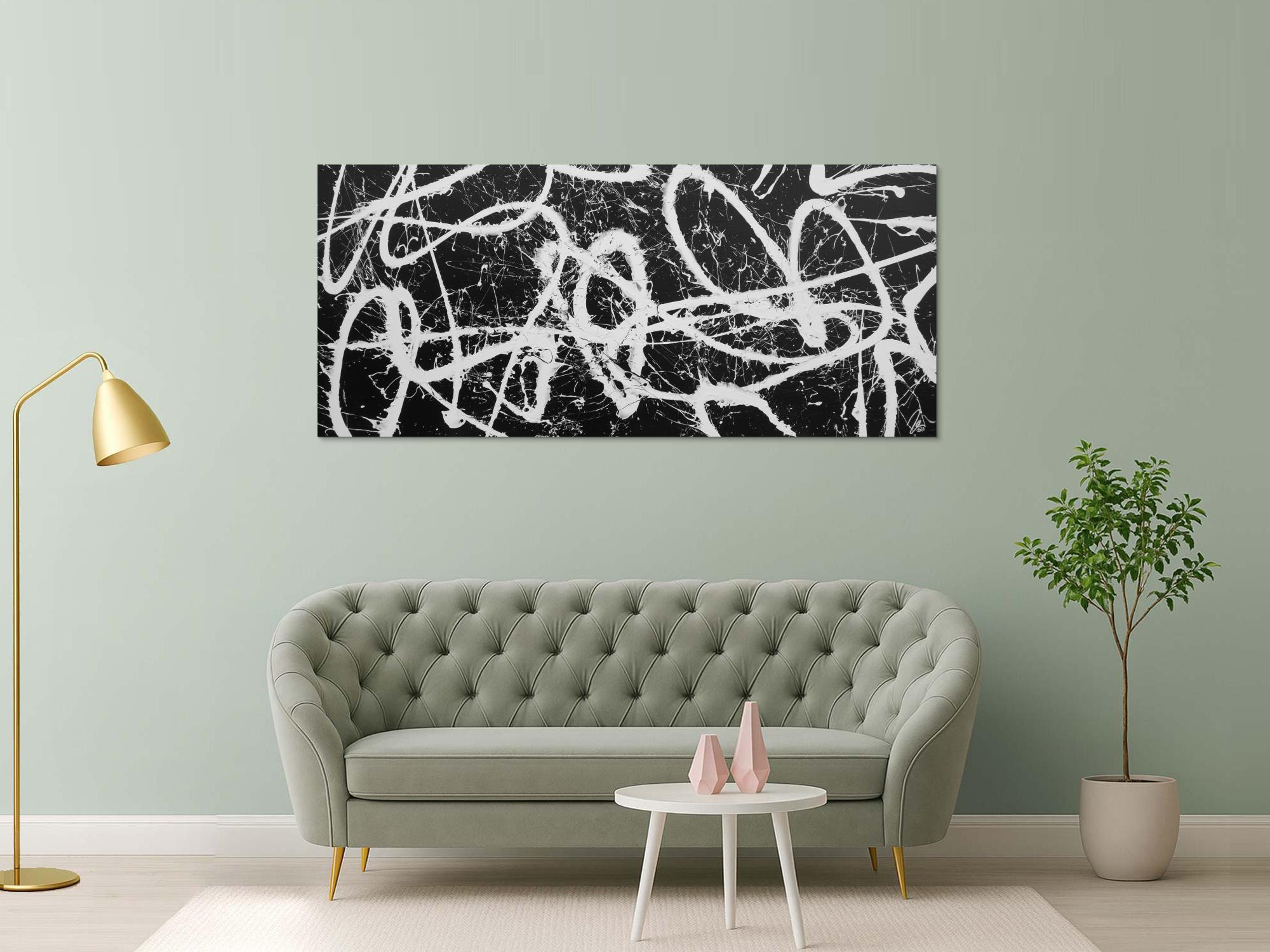 Abstraktes Acrylbild schwarz weiß schlicht modern Action Painting Splash Art Expressionismus