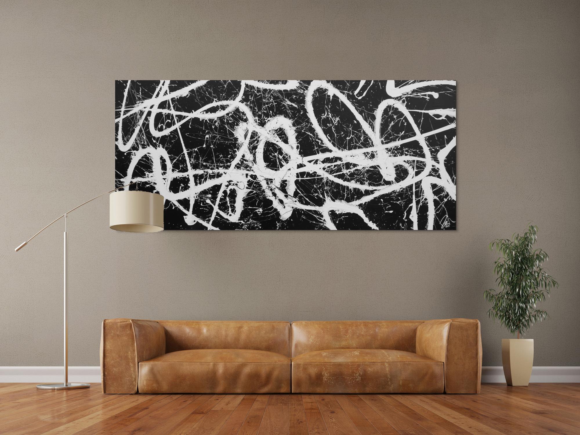 Abstraktes Acrylbild schwarz weiß schlicht modern Action Painting Splash Art Expressionismus