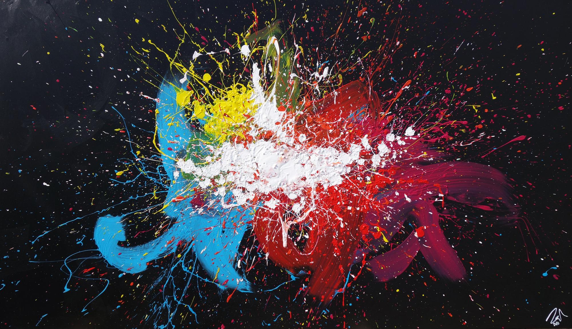 Abstraktes Acrylbild sehr bunt auf schwarzem Hintergrund Modern Art Action Painting Splash Art