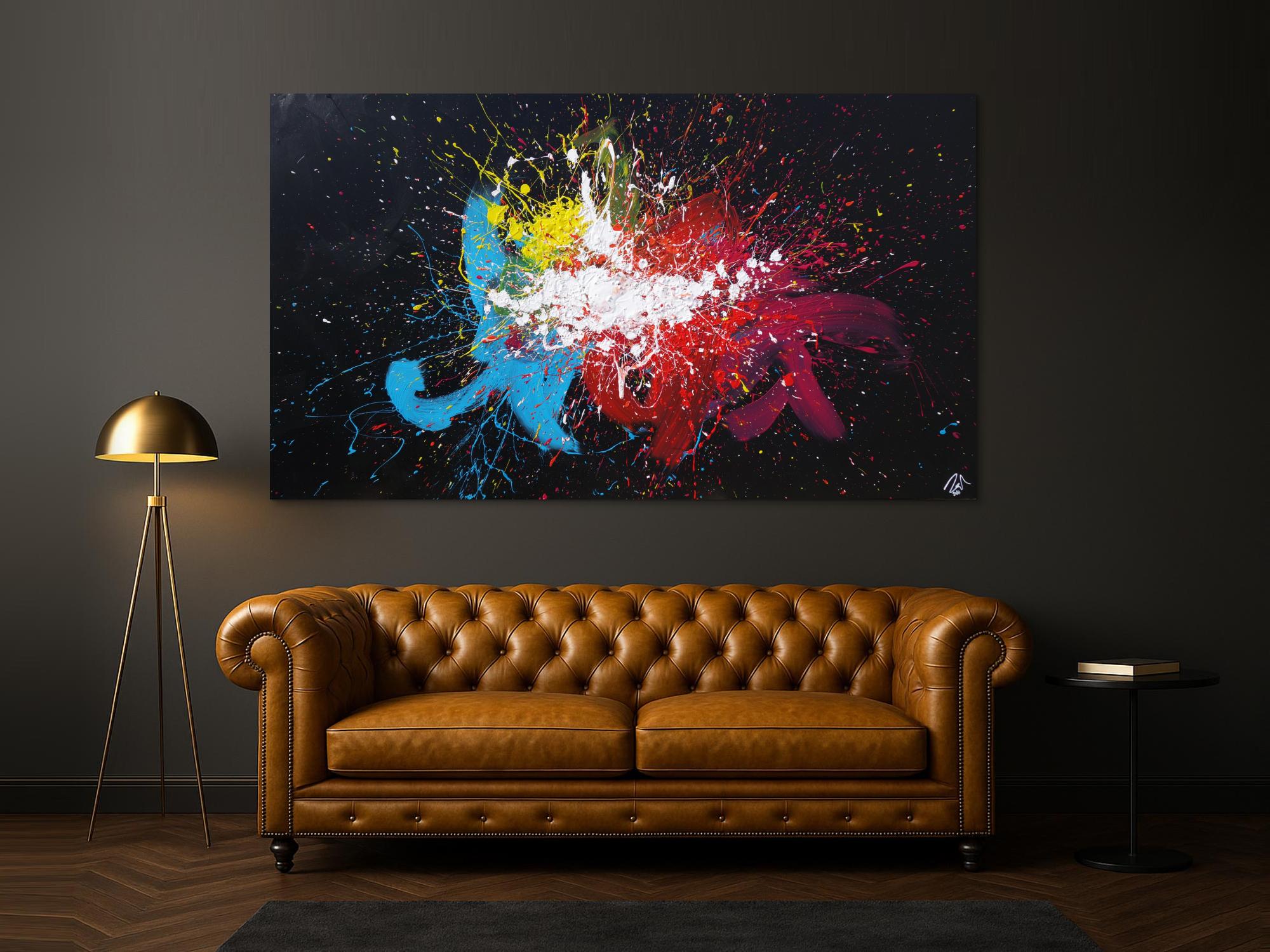 Abstraktes Acrylbild sehr bunt auf schwarzem Hintergrund Modern Art Action Painting Splash Art