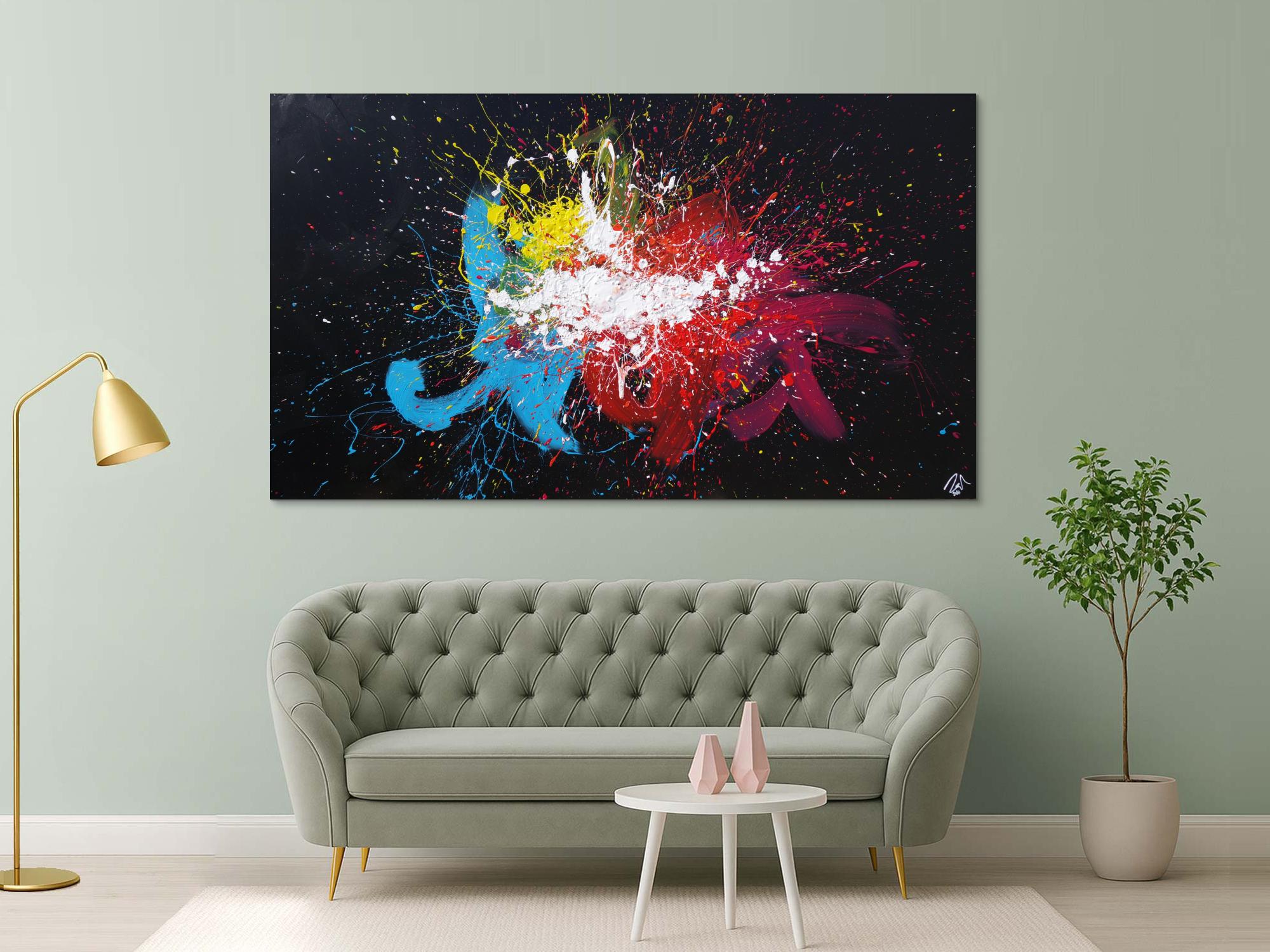 Abstraktes Acrylbild sehr bunt auf schwarzem Hintergrund Modern Art Action Painting Splash Art