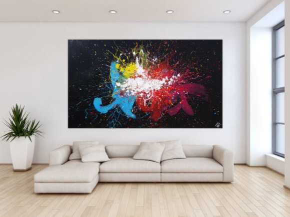 Abstraktes Acrylbild sehr bunt auf schwarzem Hintergrund Modern Art Action Painting Splash Art