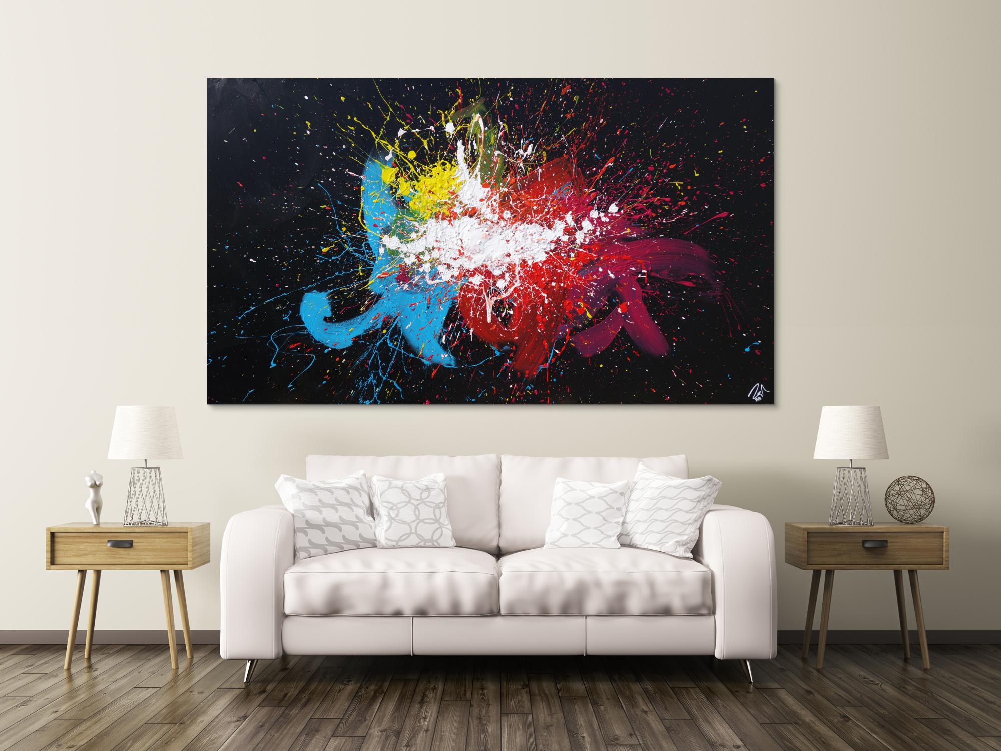 Abstraktes Acrylbild sehr bunt auf schwarzem Hintergrund Modern Art Action Painting Splash Art