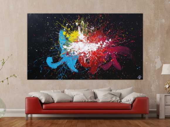 Abstraktes Acrylbild sehr bunt auf schwarzem Hintergrund Modern Art Action Painting Splash Art