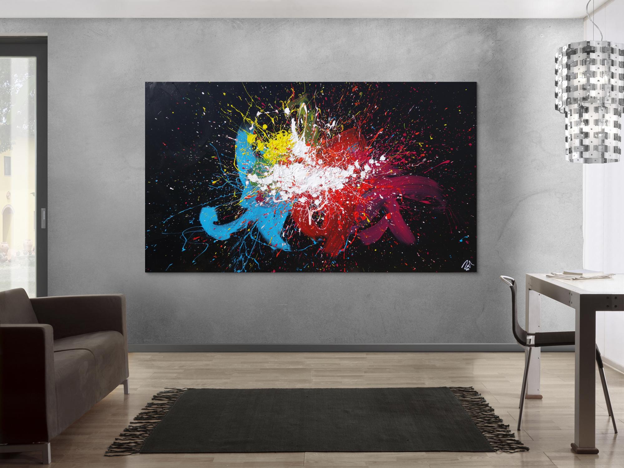 Abstraktes Acrylbild sehr bunt auf schwarzem Hintergrund Modern Art Action Painting Splash Art